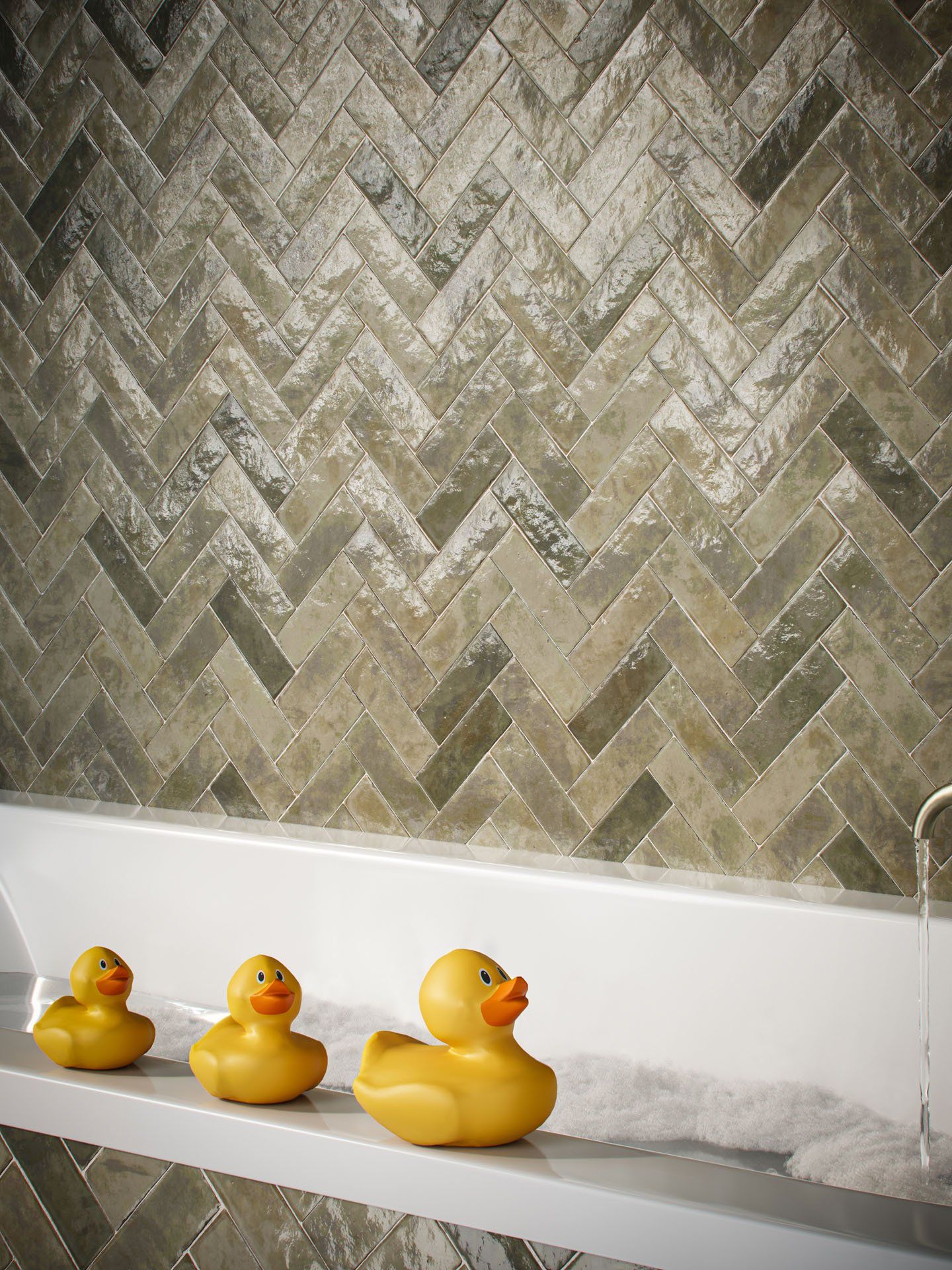 Photorealistic 3D rendering of a bathroom scene featuring tiles and rubber ducks