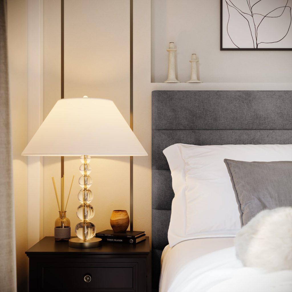 3D Interior Visualization of Bedroom with Lamp and Nightstand