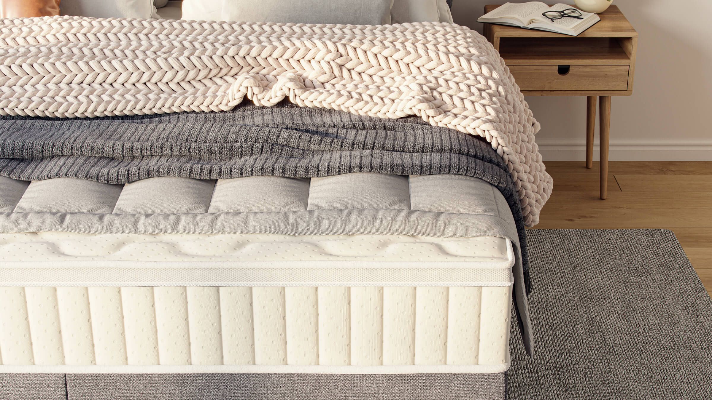 Realistic 3D house fittings visualization showcasing a bed with textured blankets and a wooden nightstand, ideal for 3D interior rendering and photorealistic CGI projects.