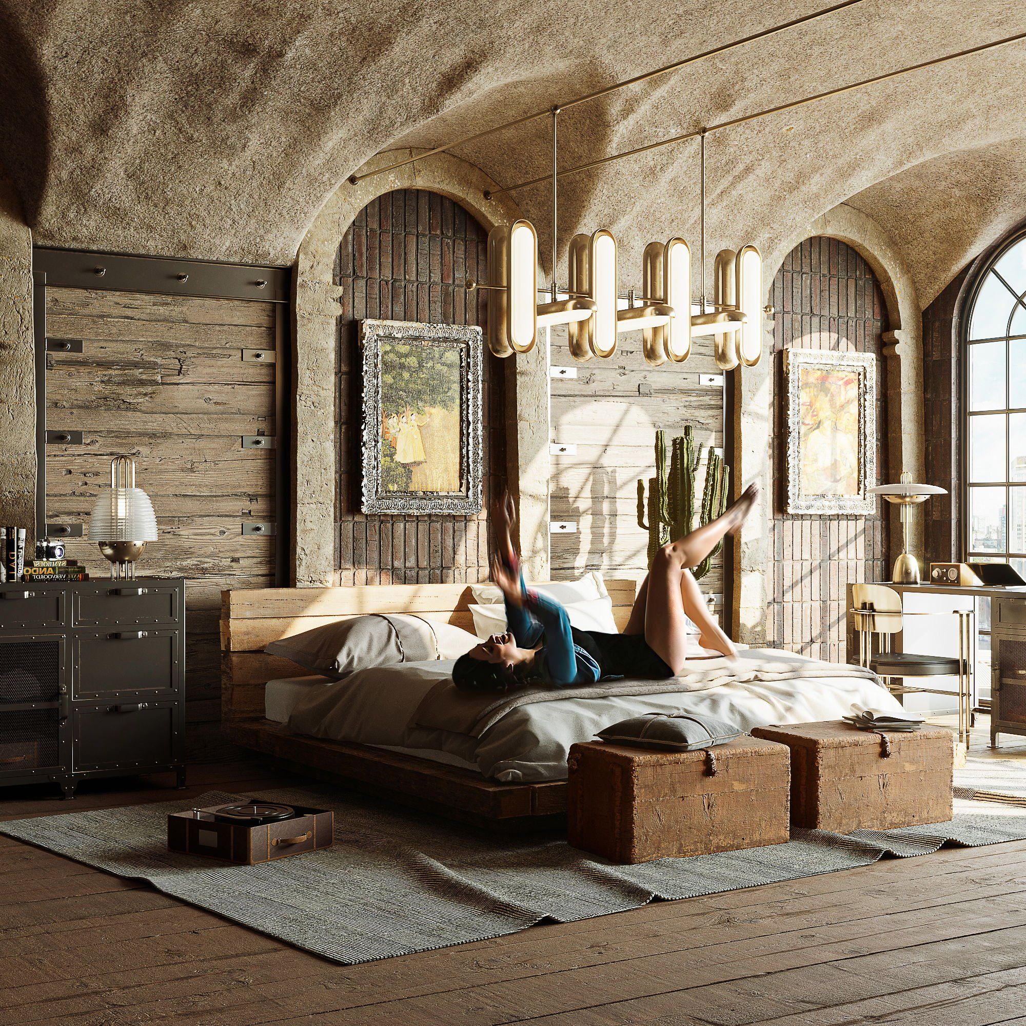 3D Visualization of a Modern Chandelier in an Earthy-toned Bedroom