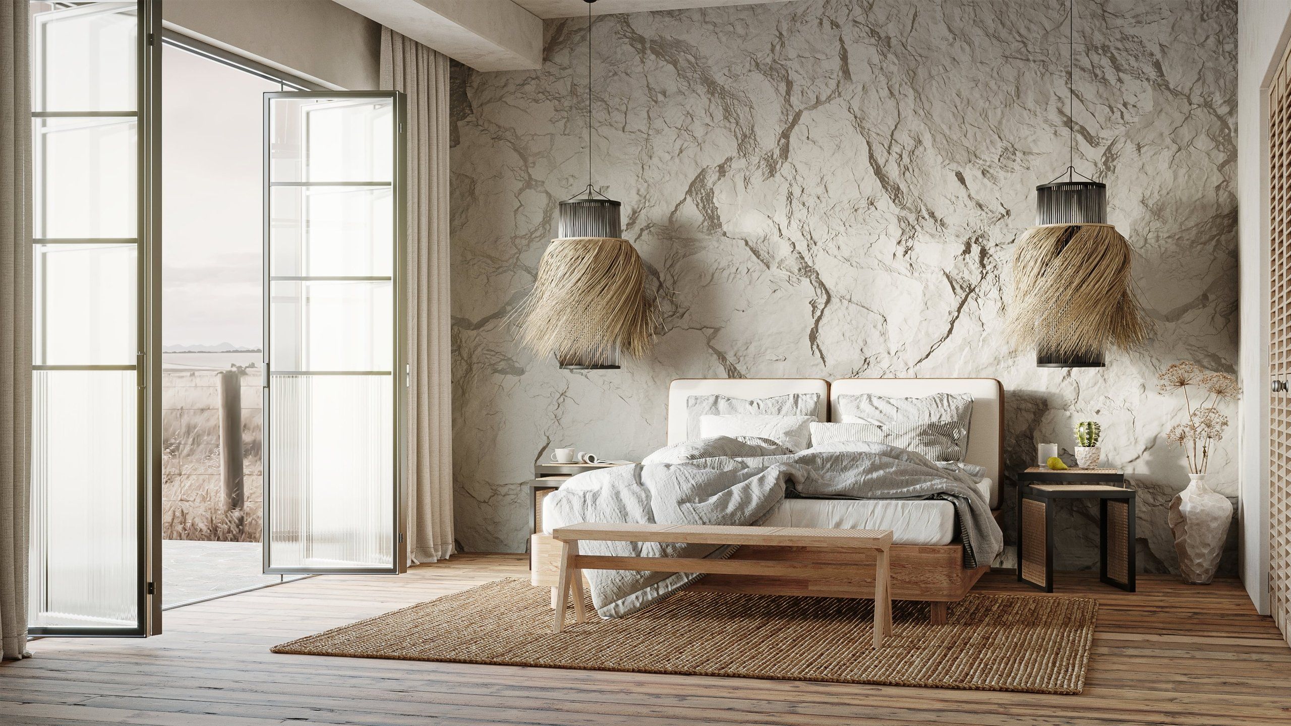 High-quality 3D rendering of a modern bedroom showcasing realistic furniture and interior design, featuring 3D furniture modeling and visualization.