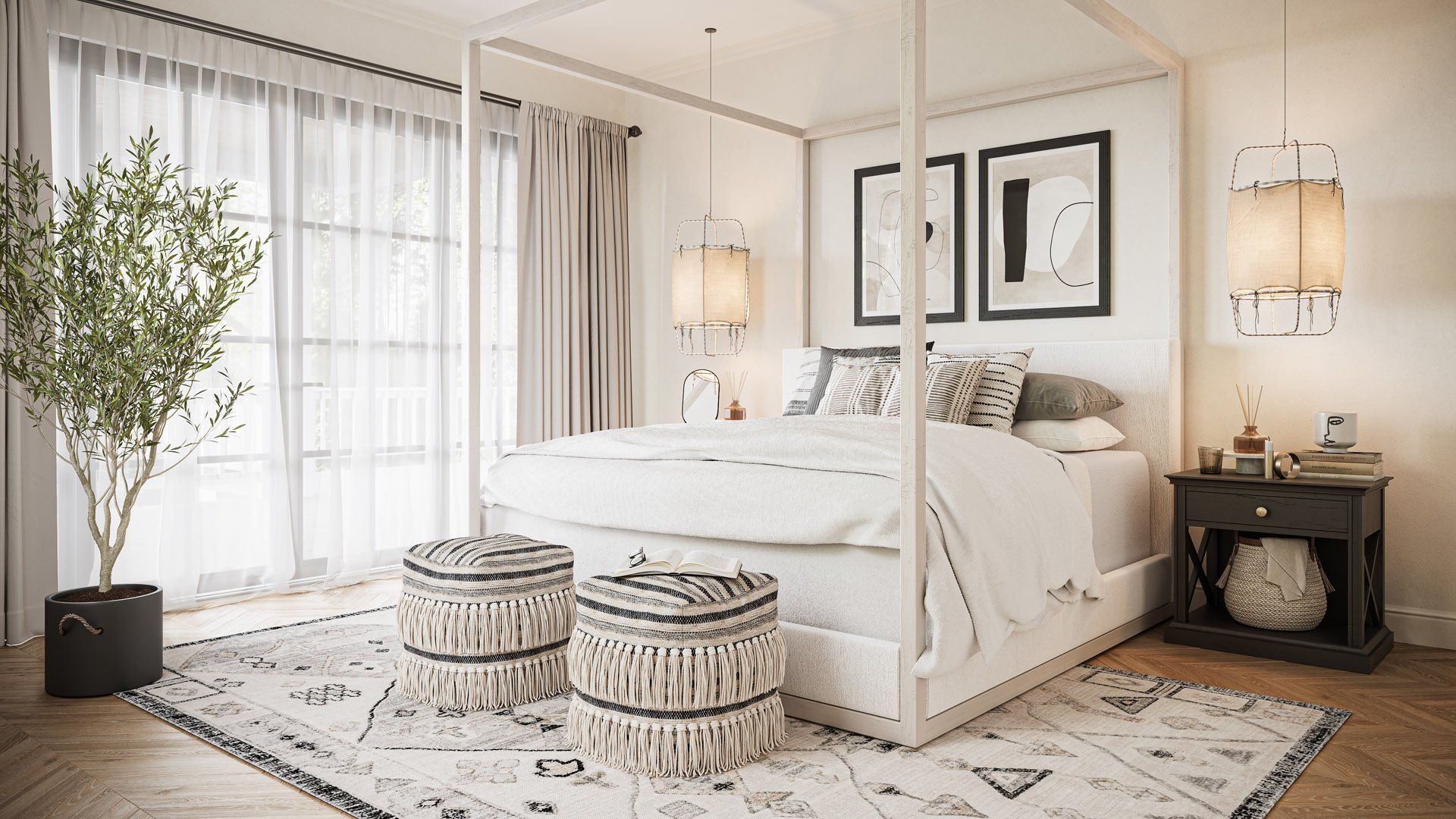 Top-notch 3D rendering of a trendy bedroom showcasing bespoke furniture and interior design elements.
