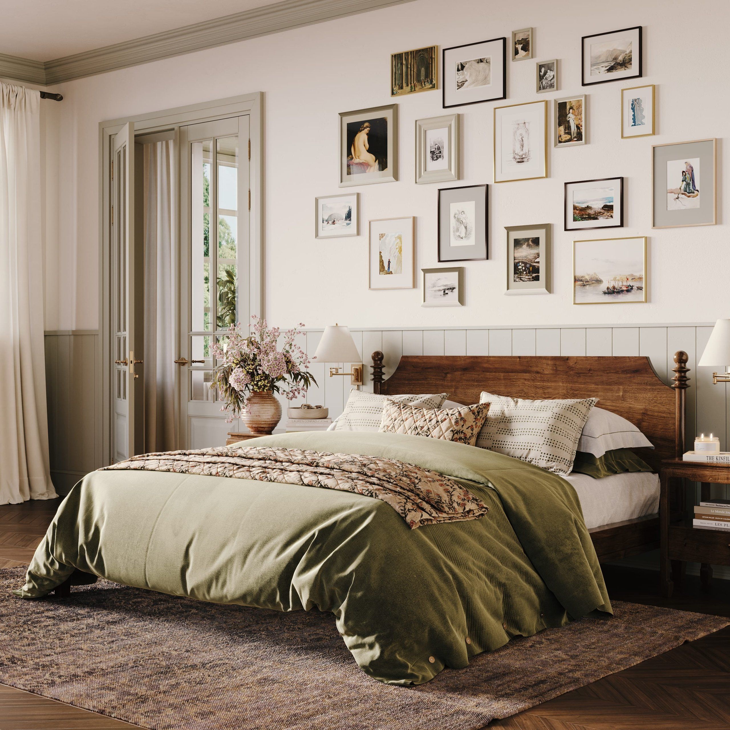 Lifestyle 3D rendering services preview: cozy bedroom interior with a wooden bed and layered bedding