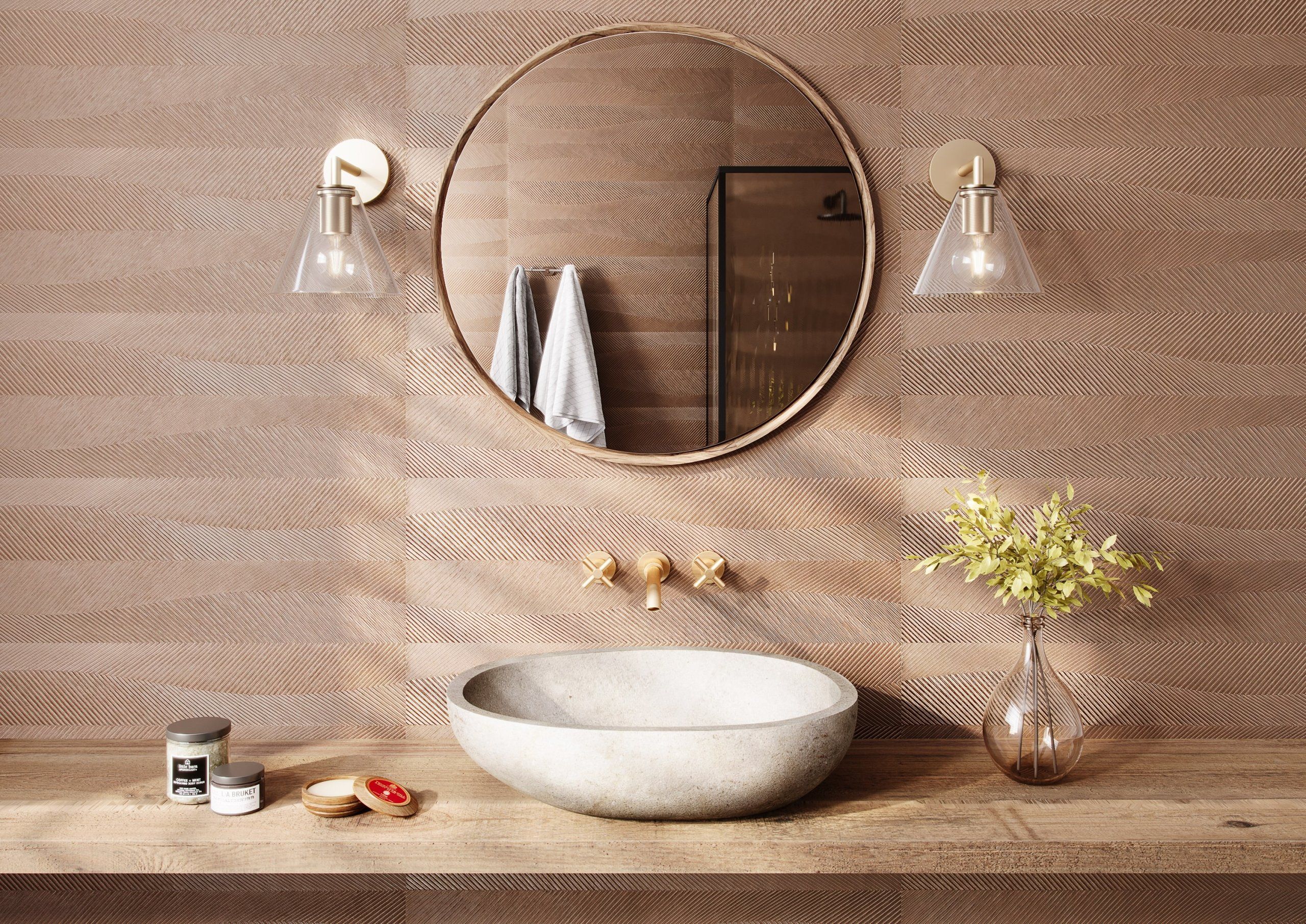 Top-notch 3D rendering of a bathroom vanity with a stone sink, round mirror, and decorative elements, showcasing photorealistic interior visualization.
