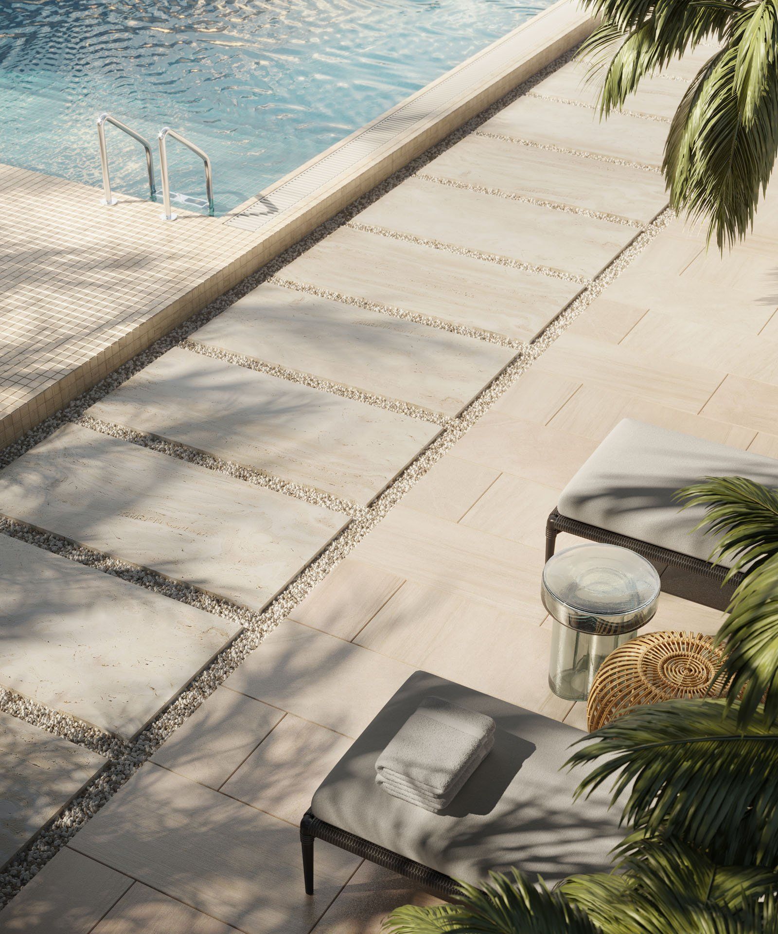 3D Visualization for Poolside Patio with Tiles and Lounge Chairs