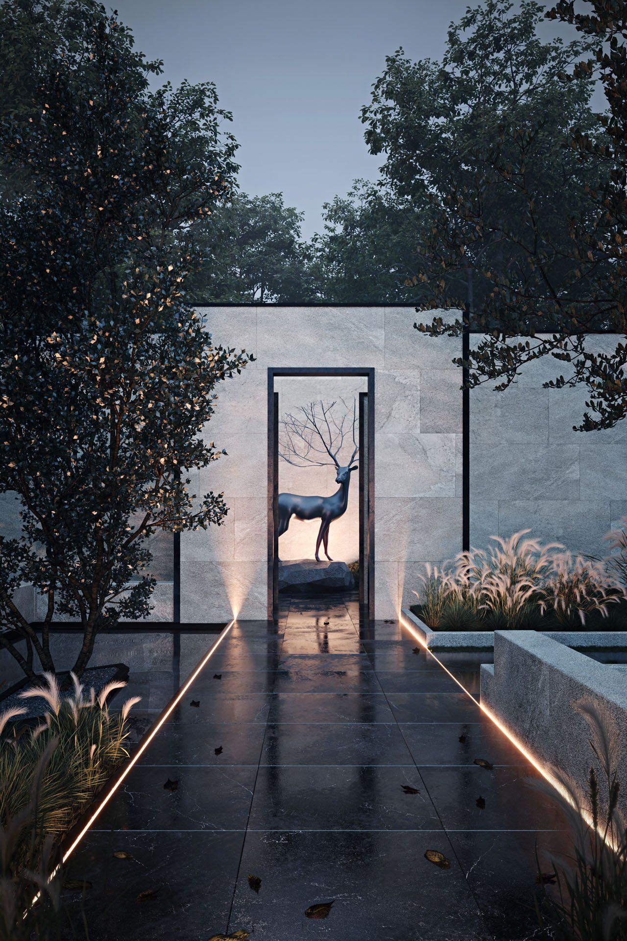 3D exterior visualization showcasing a modern sculpture on outdoor tiles in a garden setting