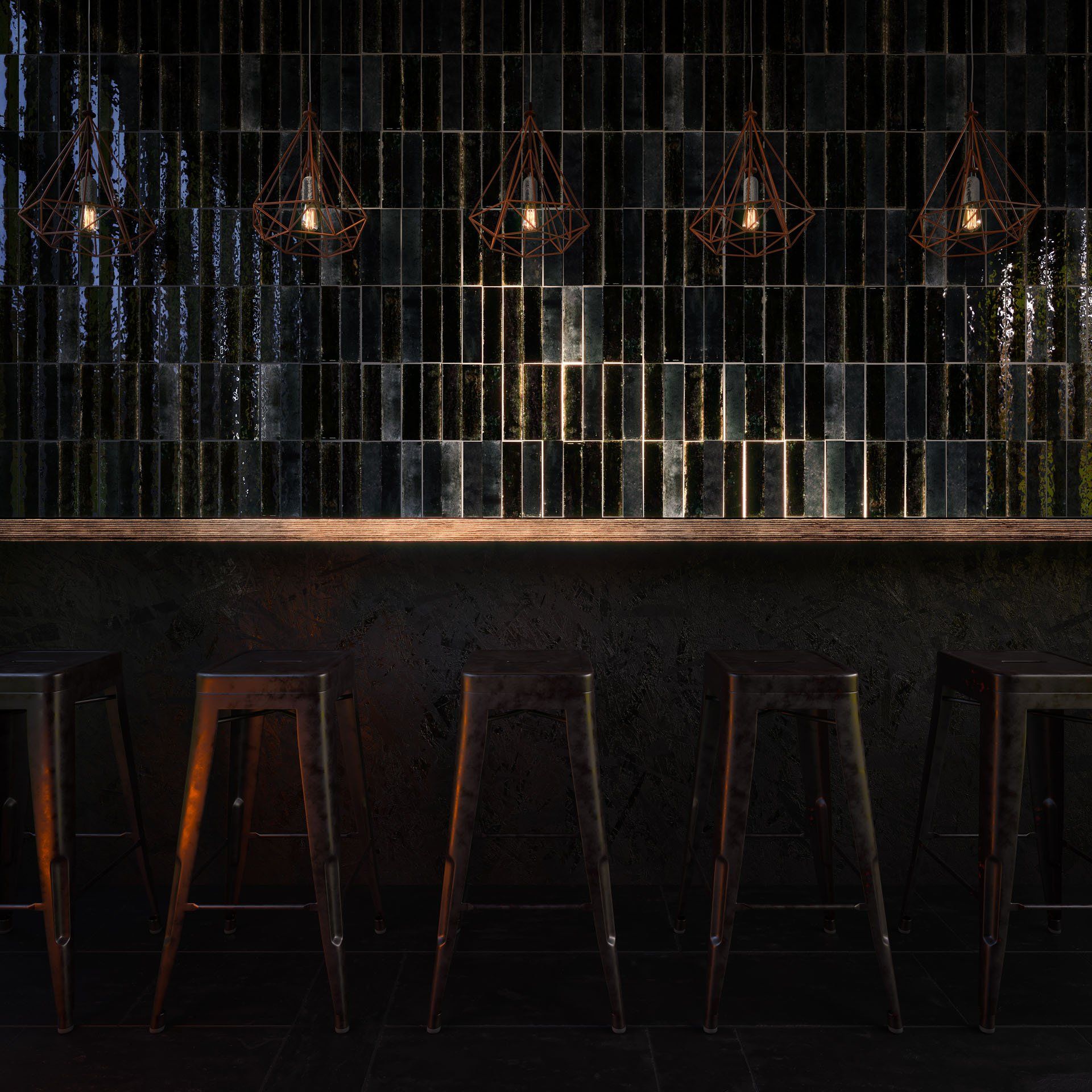 3D furniture rendering showcasing trendy bar stools in a stylish interior setting, highlighting 3D modeling and rendering techniques.