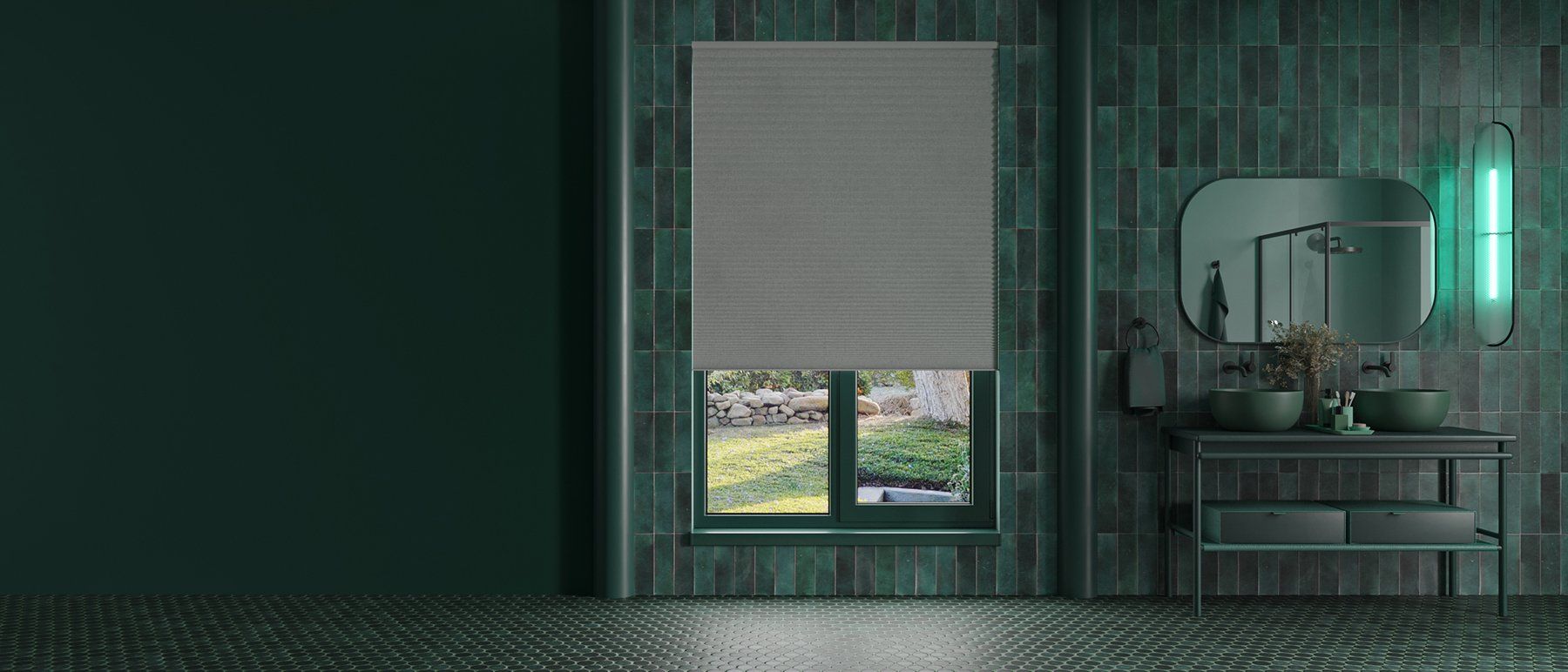 Product Rendering of Blinds in Dark Green Bathroom