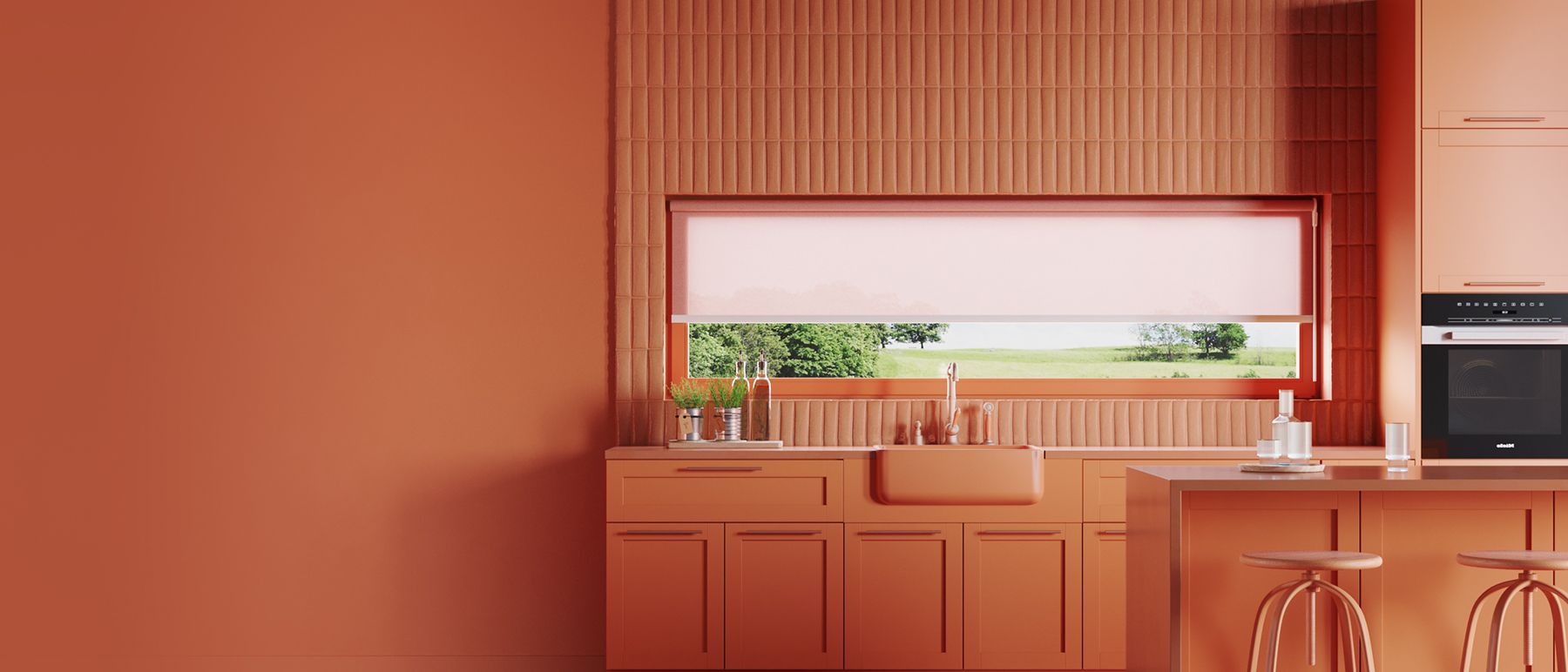 3D rendered image of a orange kitchen blinds