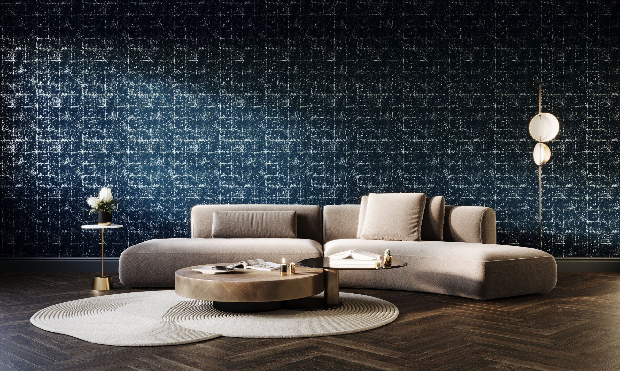 3D Visualization Of A Beige Sofa Against A Blue Textured Wall With Circular Coffee Tables And Accent Lighting
