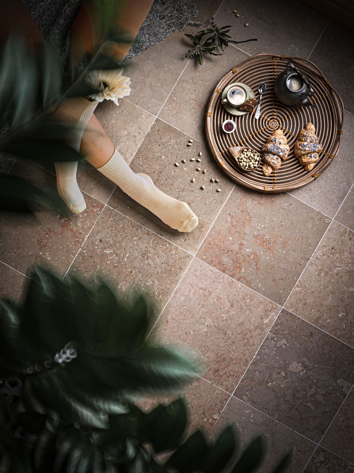 First-class 3D rendering of a cozy interior scene featuring a breakfast setting on a tiled floor