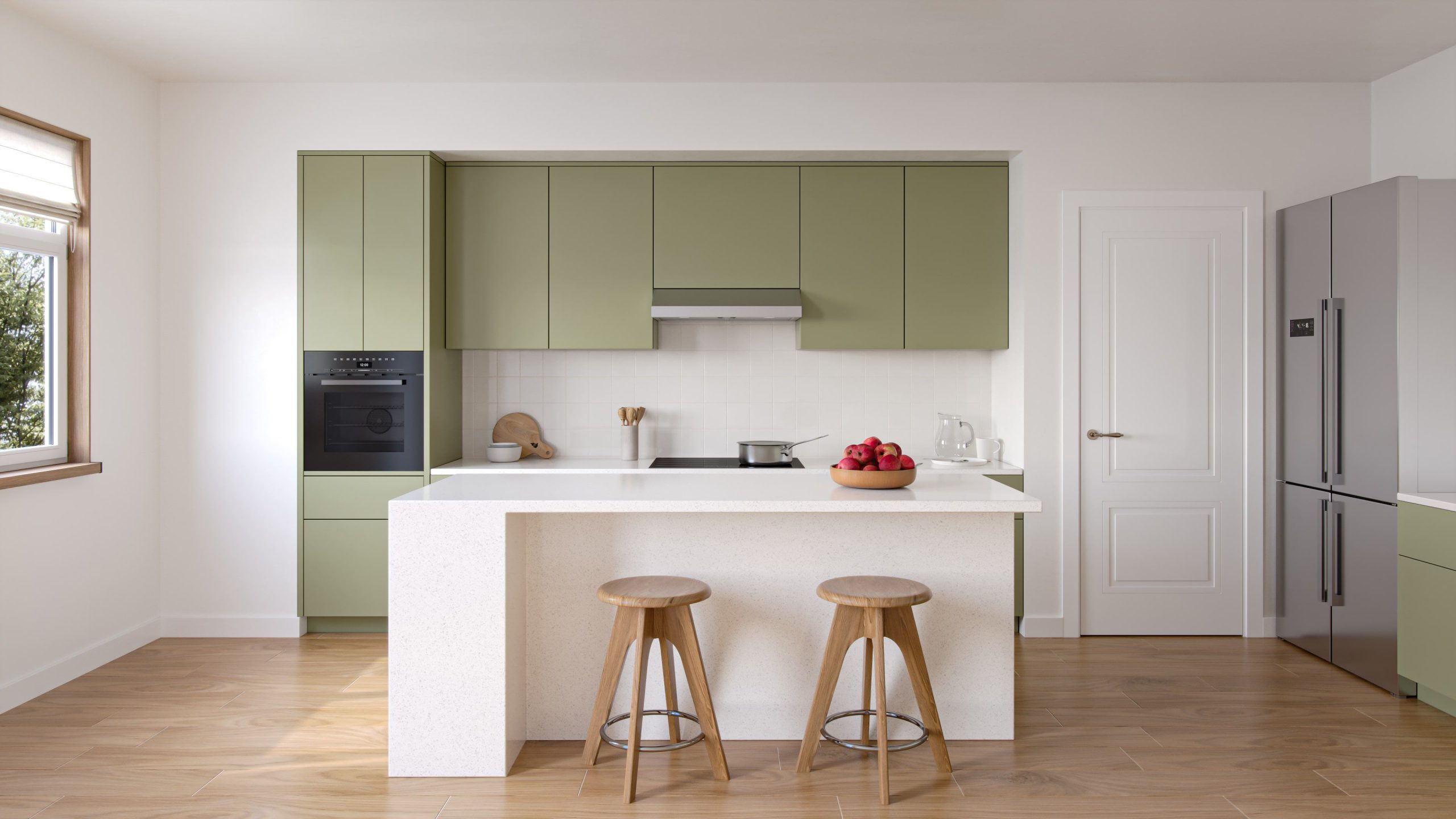 Green Kitchen Lifestyle Rendering for a Range Hood