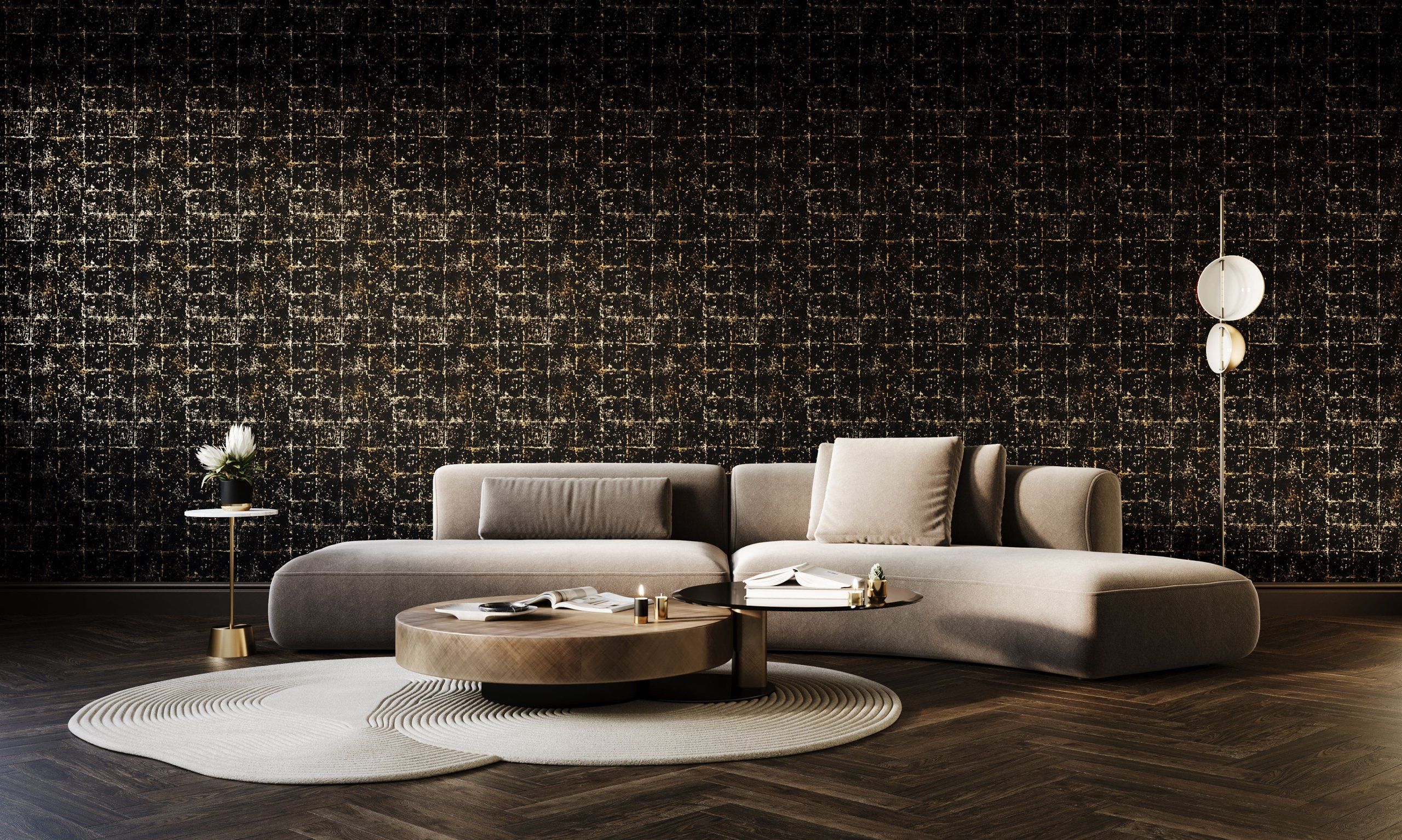 3D Rendering for a Living Room with Dark Statement Wallpaper and Sofa