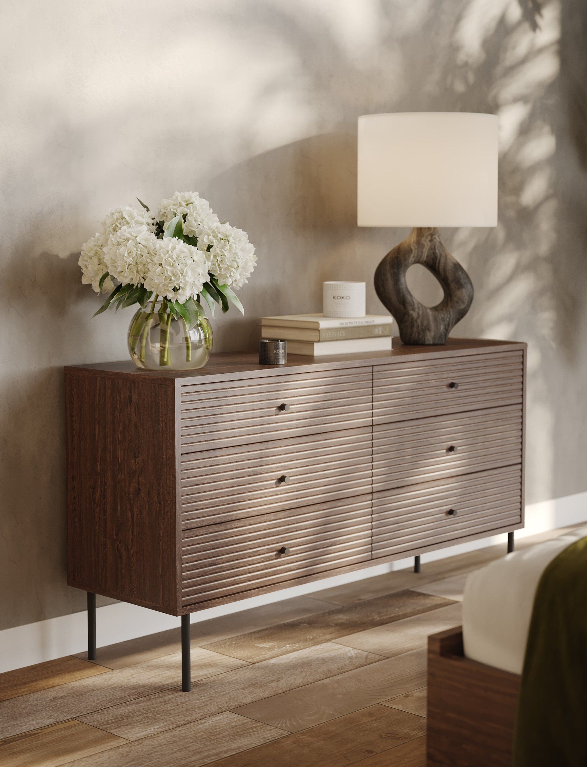 High-quality 3D rendered image of a wooden dresser with decor, showcasing photorealistic furniture rendering and 3D interior visualization.