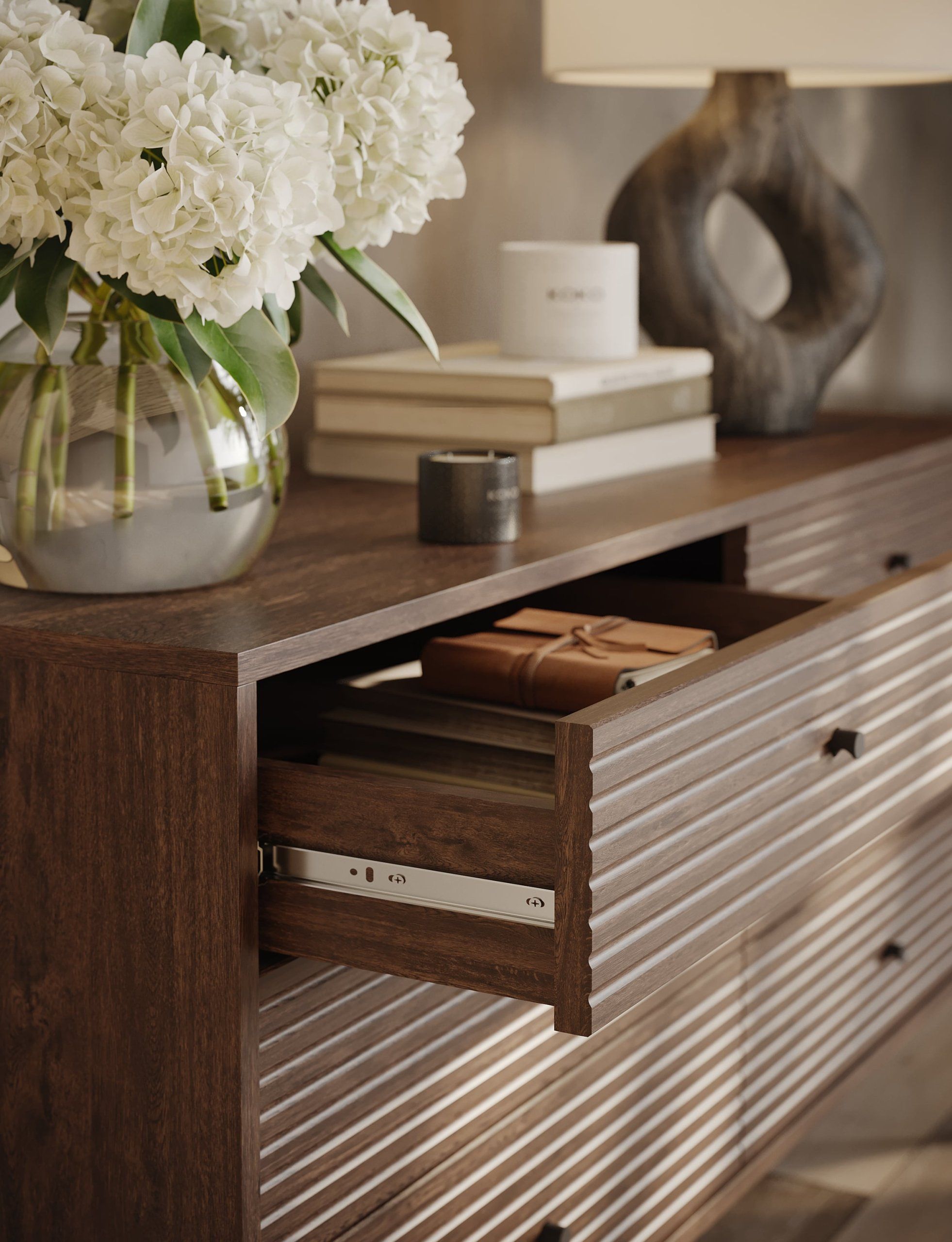 3D product modeling and rendering of a wooden dresser with books and flowers