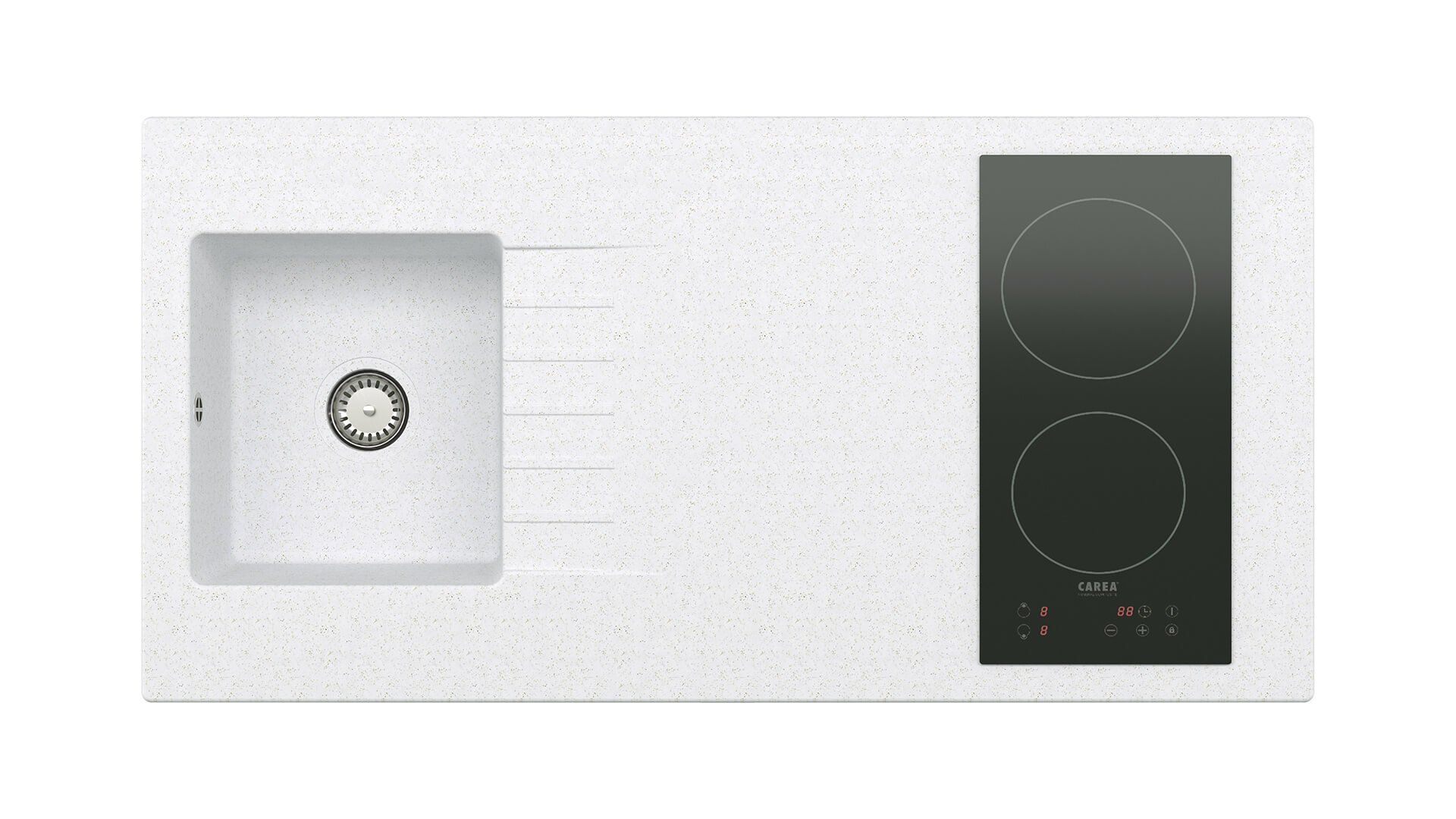 3D rendered image of a kitchen sink and cooktop