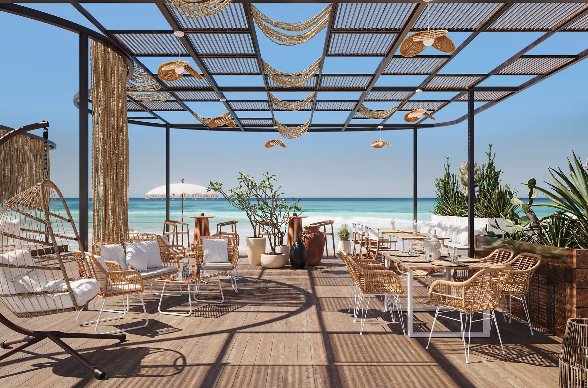 3D Visualization of a seaside terrace with symmetrical furniture arrangement and woven decor elements