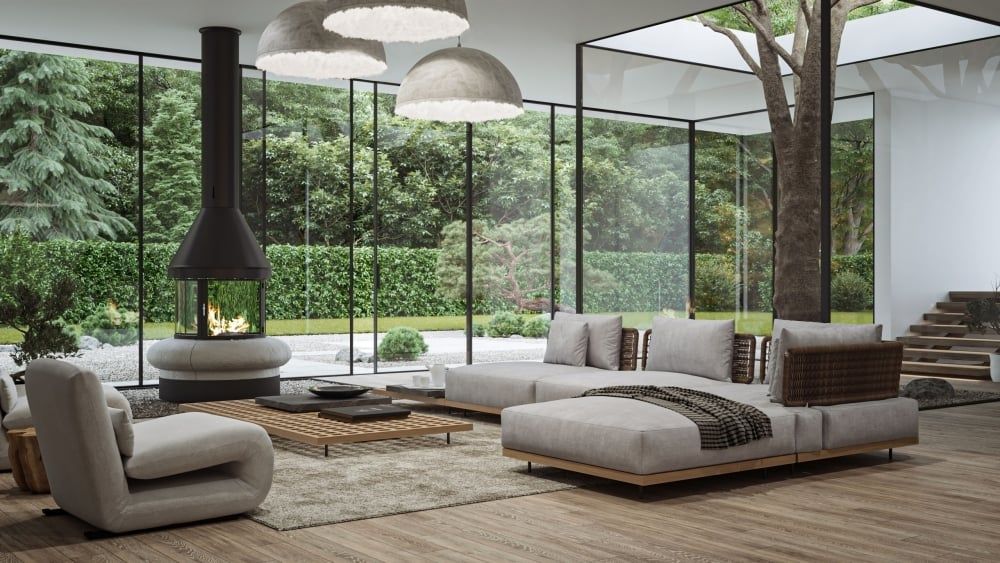 3D Interior Rendering of Modern Living Room with Realistic Furniture