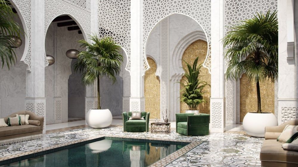 3D Interior Visualization of Luxurious Courtyard with Furniture