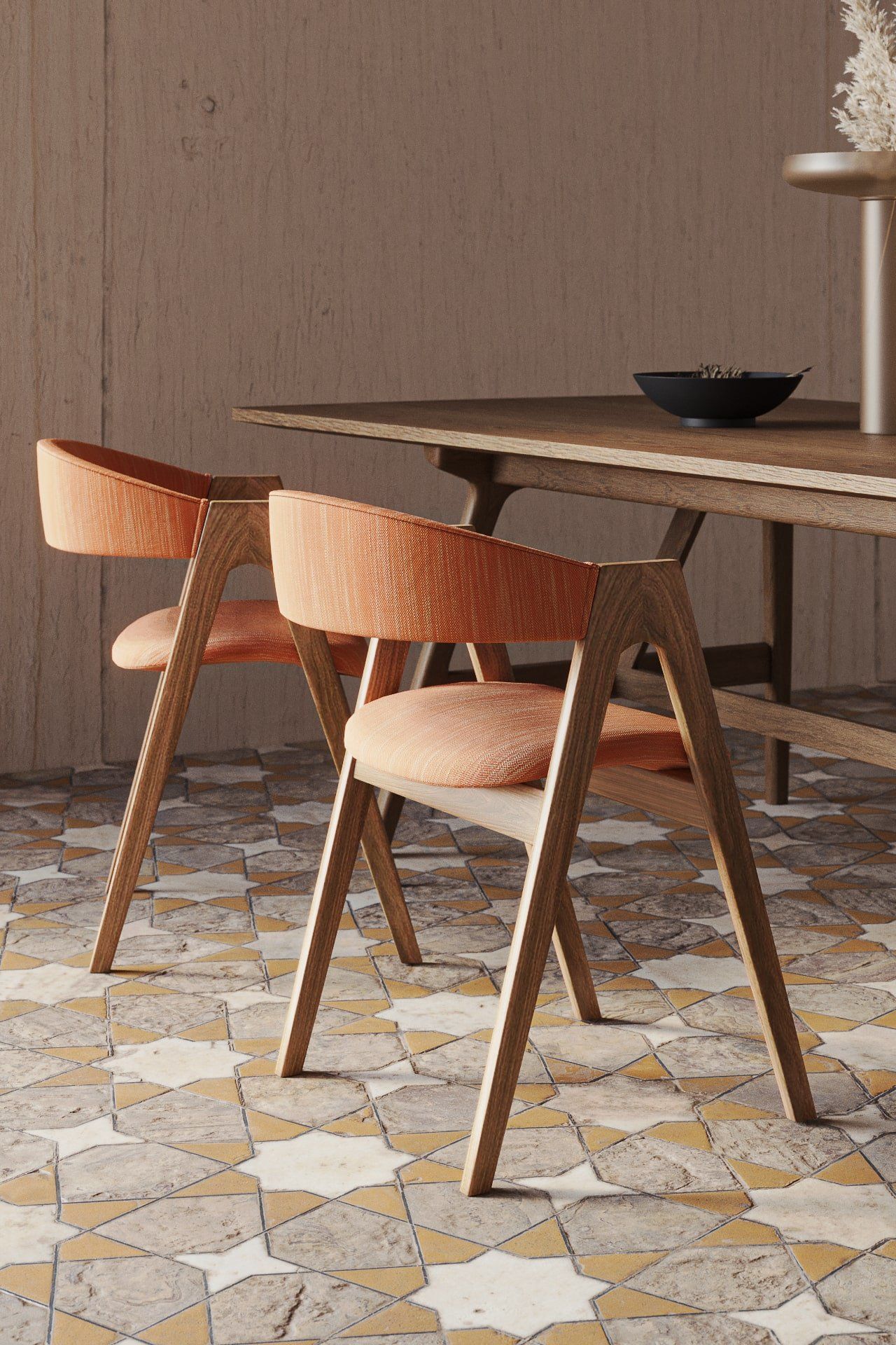 High-quality 3D rendering of a modern dining set with wooden chairs and table, showcasing realistic furniture visualization and photorealistic CGI.