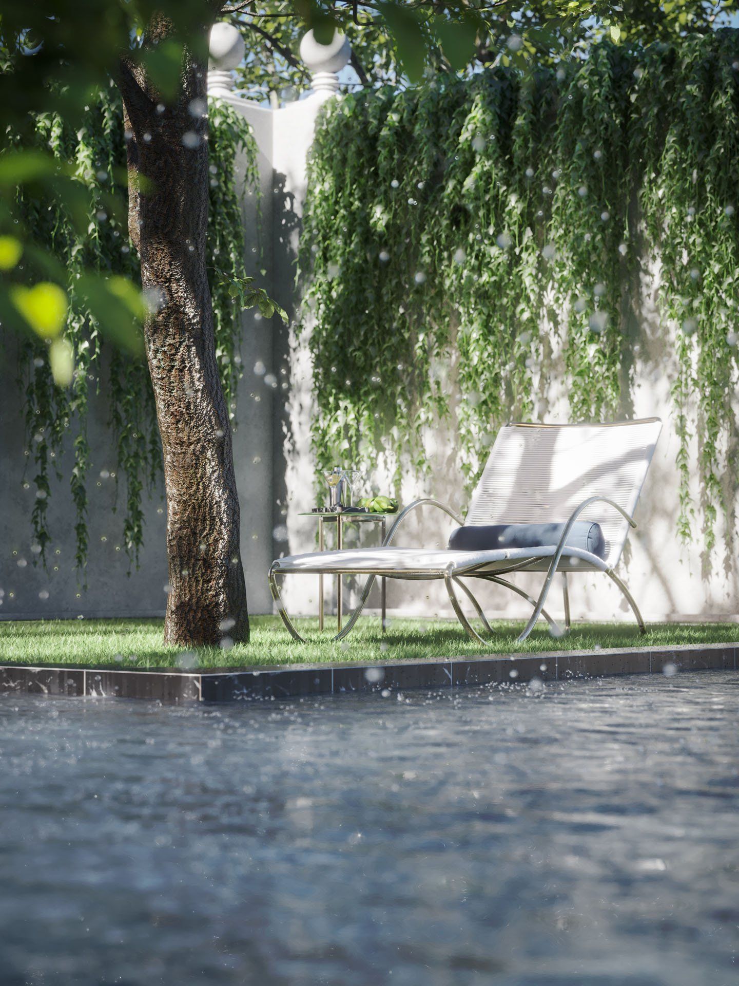 3D Rendering of Poolside Chair under Tree with Water Reflections