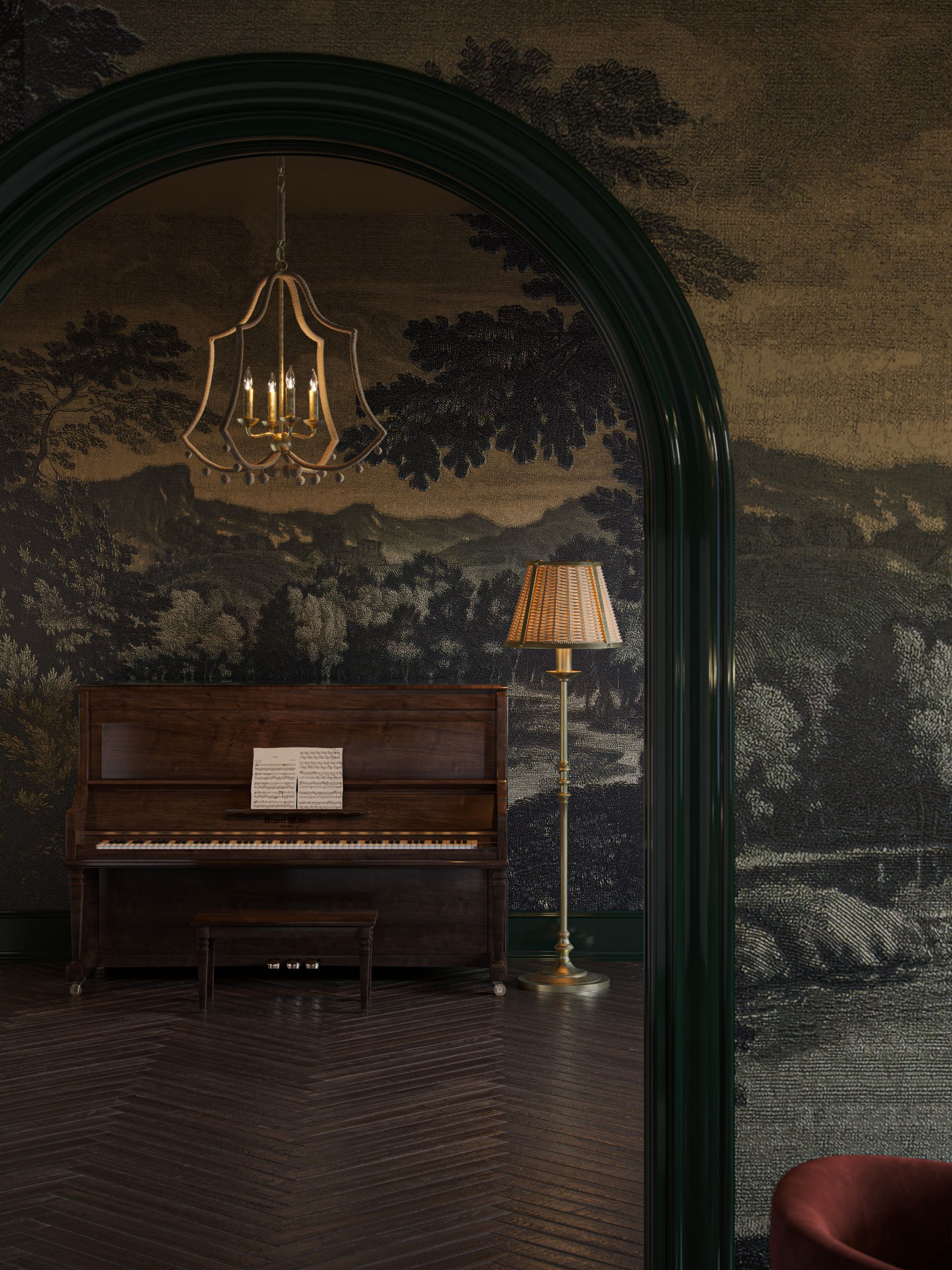 3D rendering of a gold open-frame chandelier and brass floor lamp with pleated shade in a moody hallway with upright piano, landscape mural wallcovering, and dark herringbone flooring