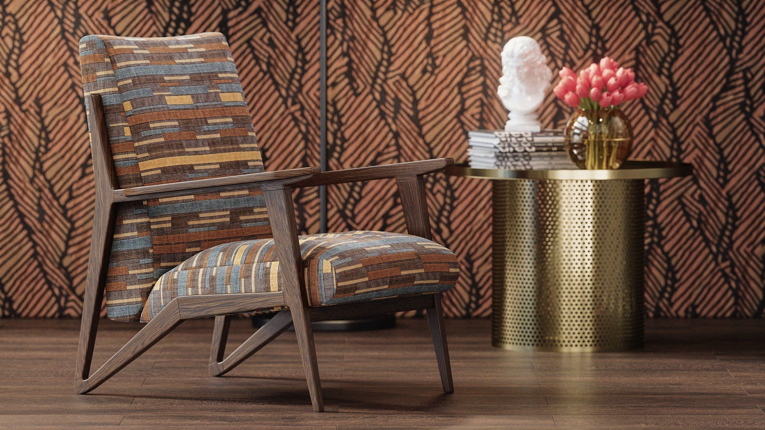 Photorealistic 3D rendering of a modern chair with textured fabric