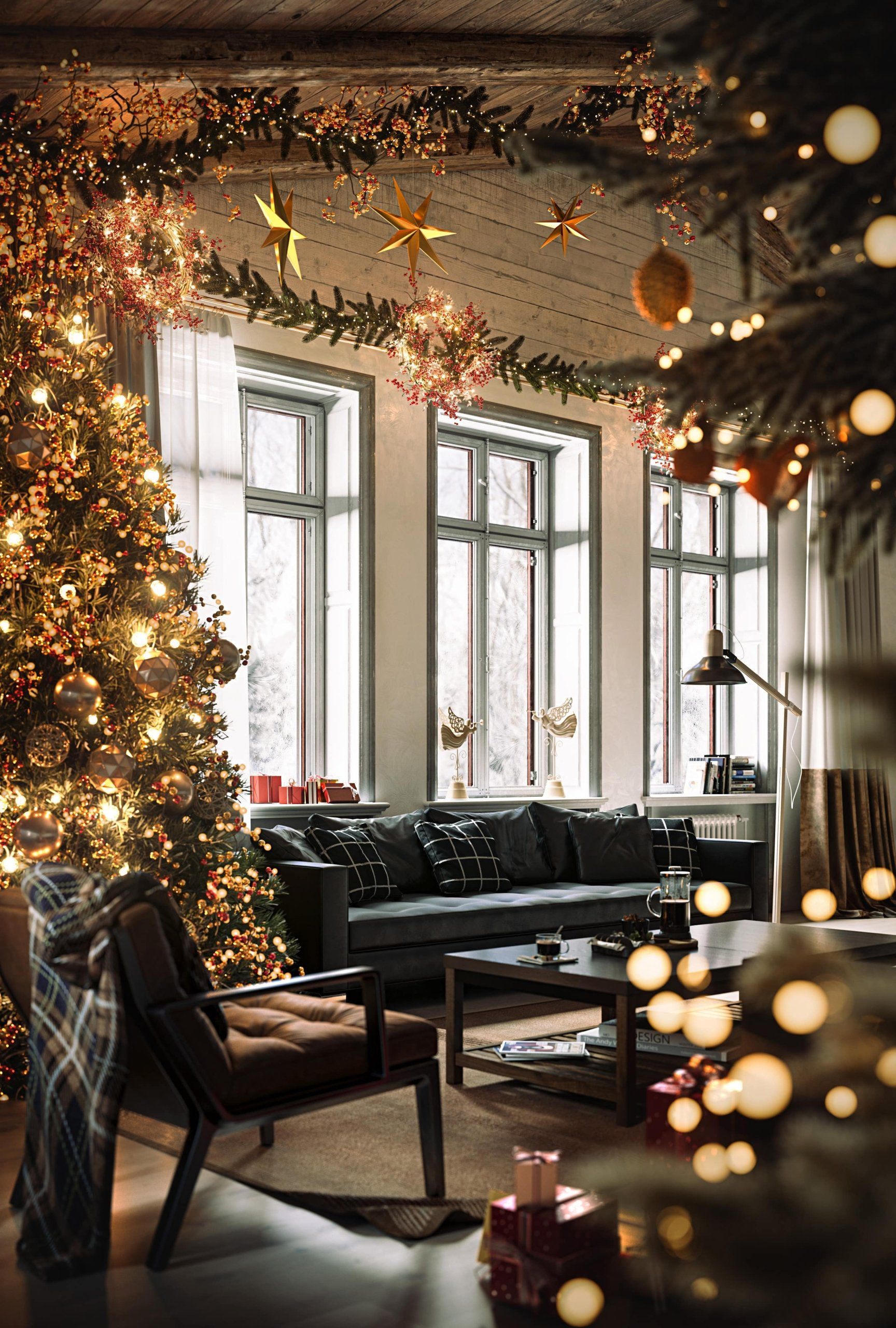 3D Visualization of Christmas Living Room with Decorated Tree and Sofa