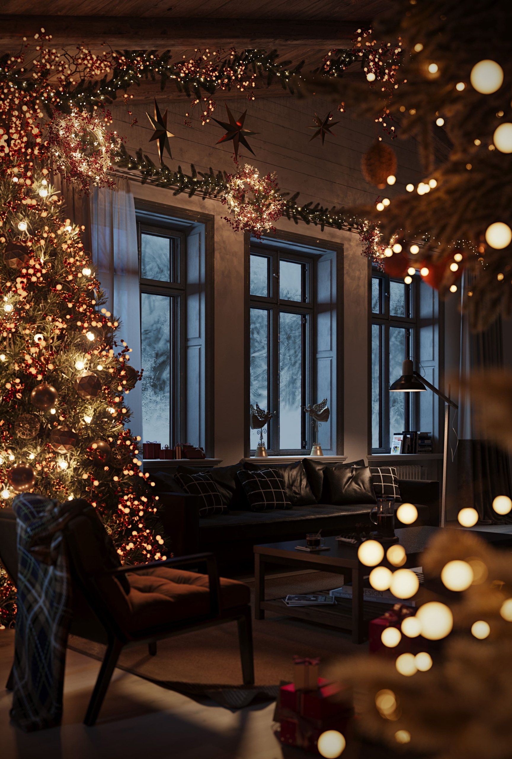 3D Render of a Living Room with Christmas Decor