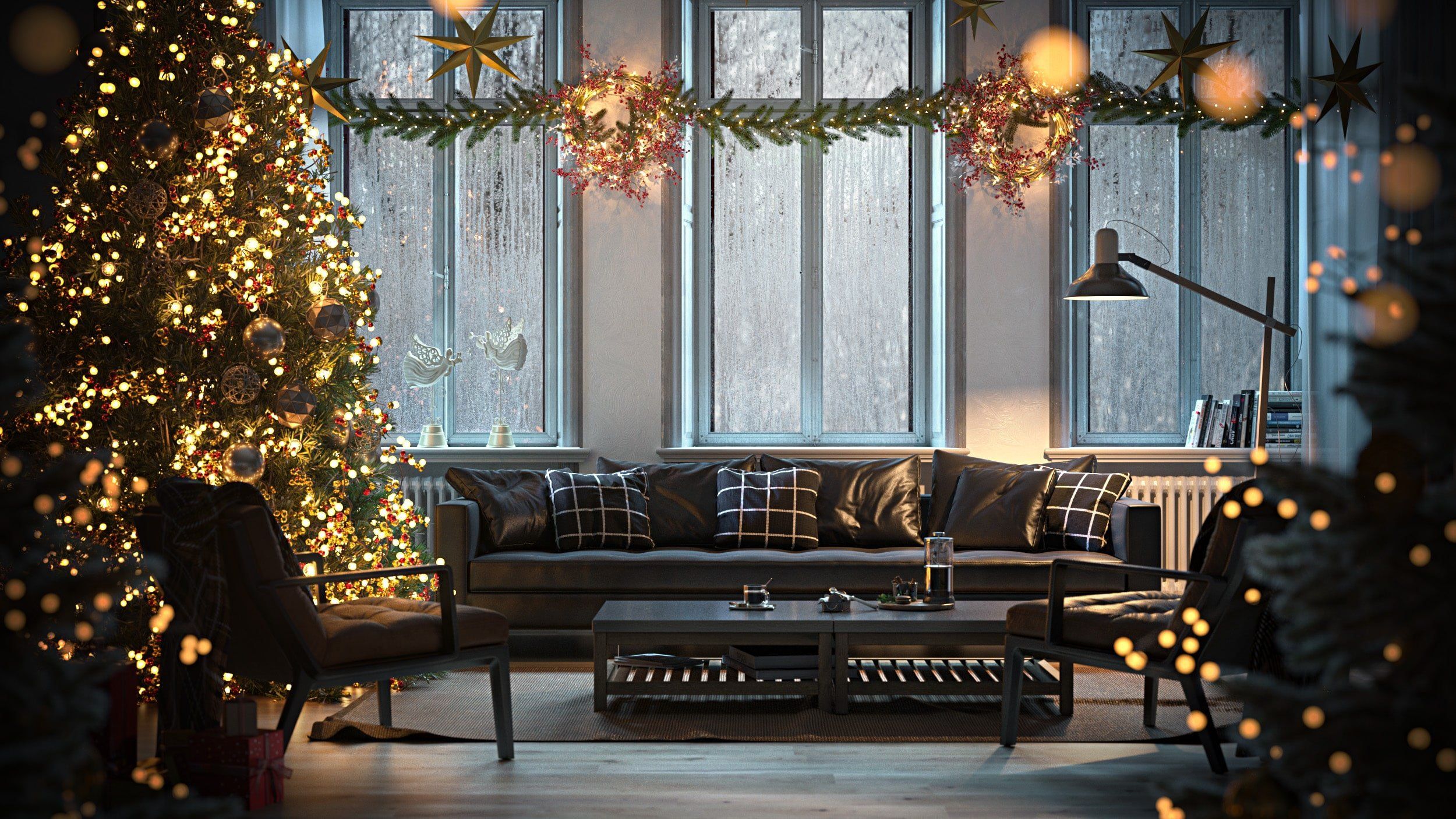 High-quality 3D rendering of a cozy living room with Christmas decorations, showcasing realistic furniture rendering and 3D lifestyle visualization.