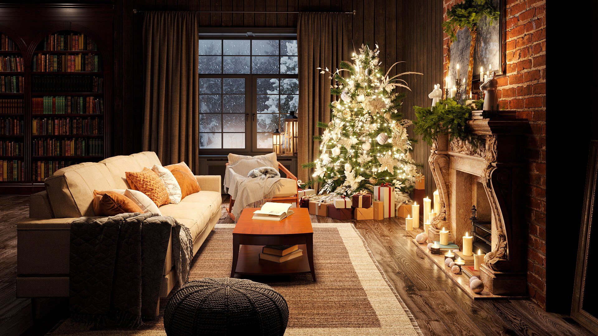 High-quality 3D rendering of a cozy living room featuring a Christmas tree, fireplace, and furniture, showcasing 3D furniture modeling and photorealistic visualization.