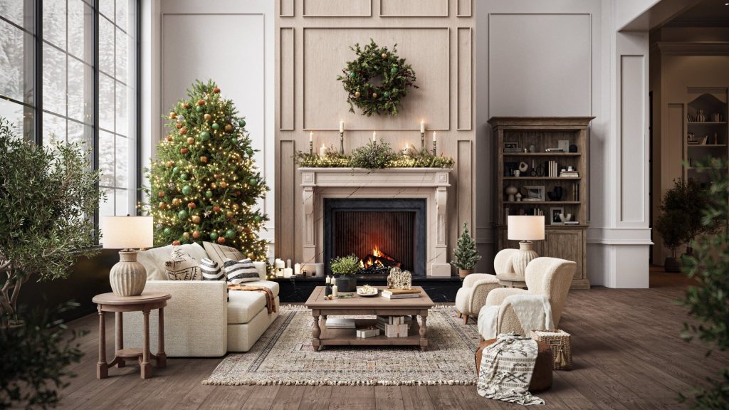 3D Interior Visualization of a Cozy Living Room with Christmas Decor