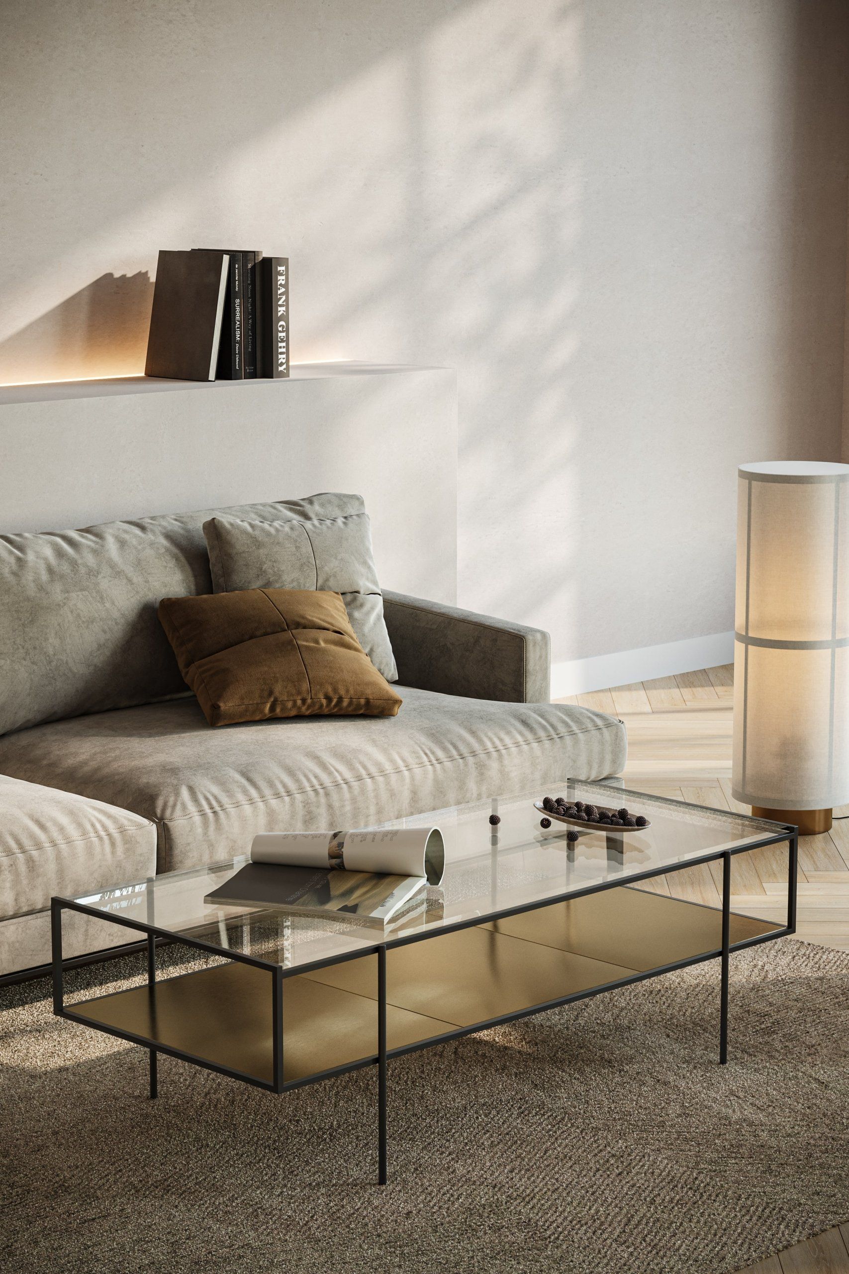 3D lifestyle visualization showcasing a modern living room with a sofa and glass coffee table, highlighting realistic furniture rendering and 3D interior visualization.