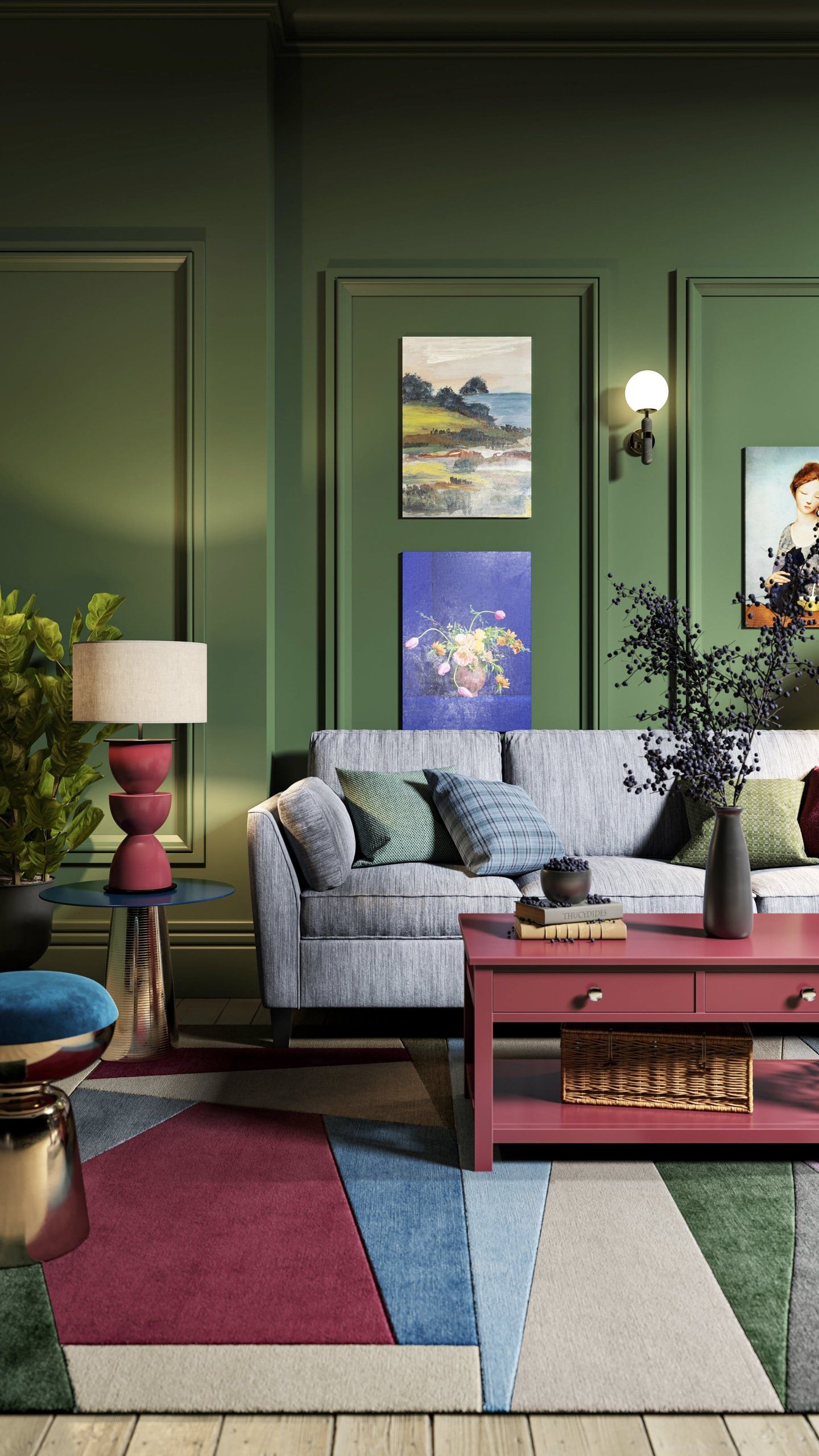 3D Rendering Of A Sofa In A Minimalist Interior With a Colorful Carpet And Warm Lighting