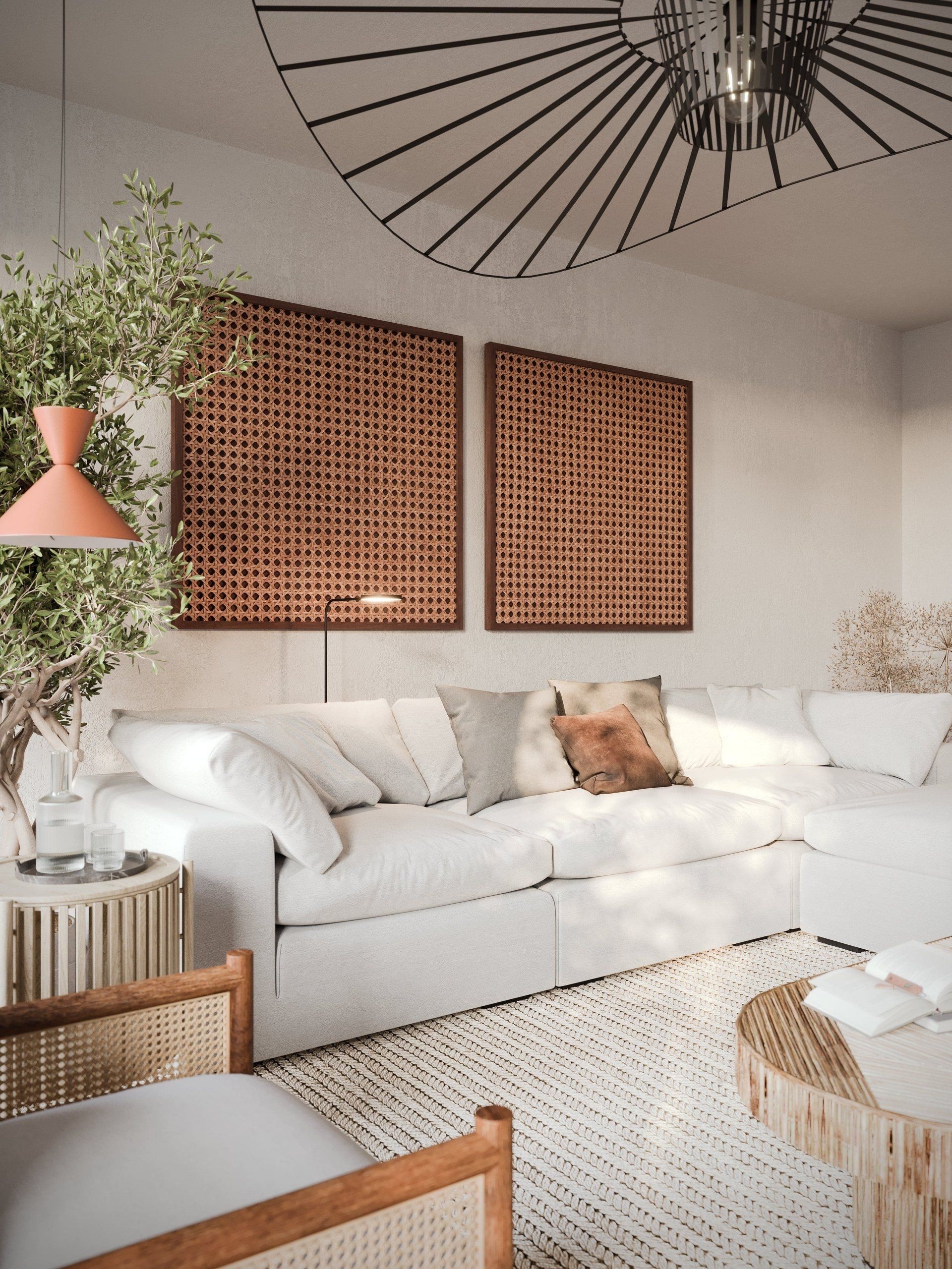 Lifestyle Rendering Of A Cozy Living Room With A White Sectional Sofa And Woven Wall Panels