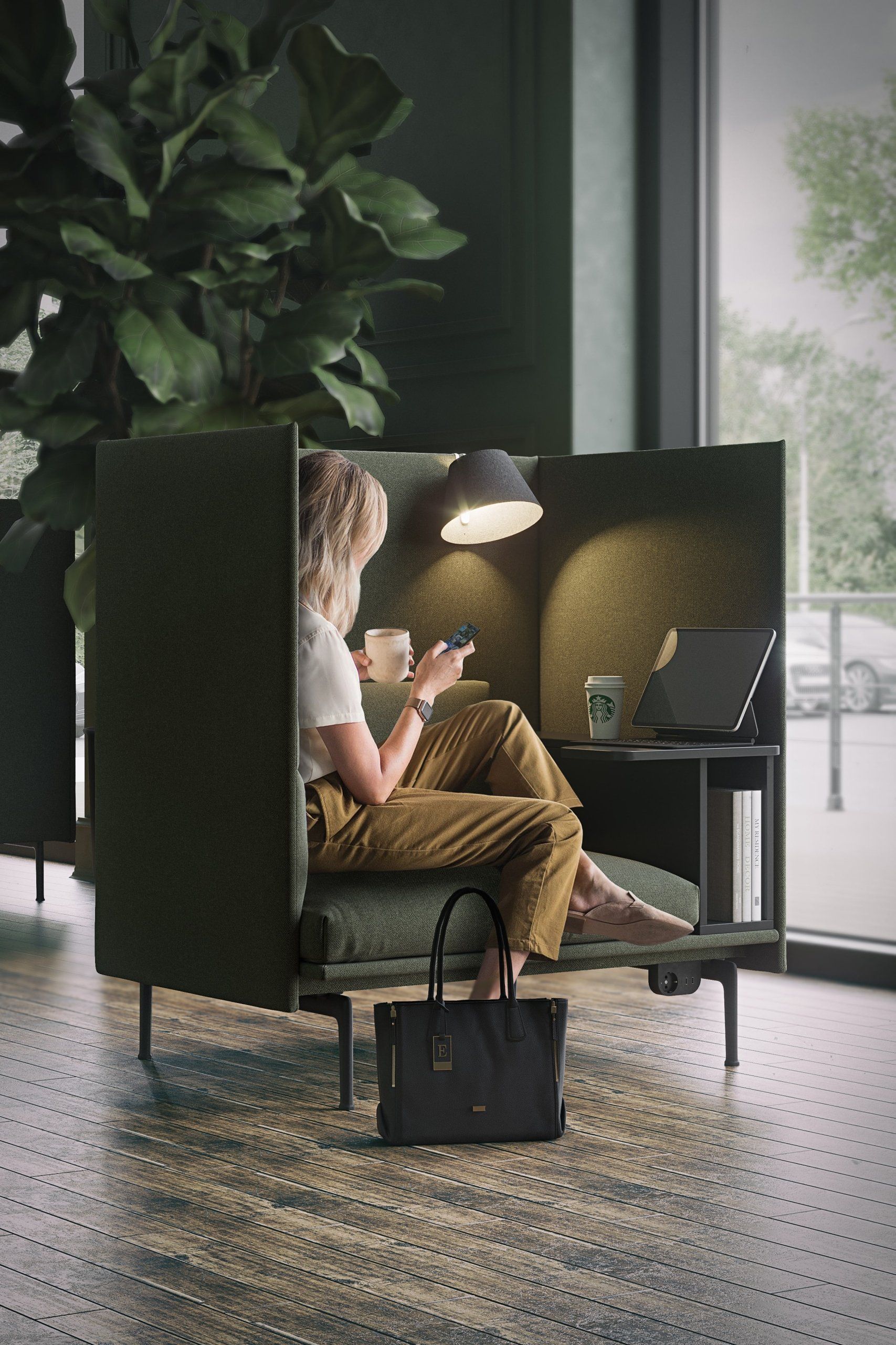 Silo 3D visualization preview: modern privacy chair with side table in a commercial interior
