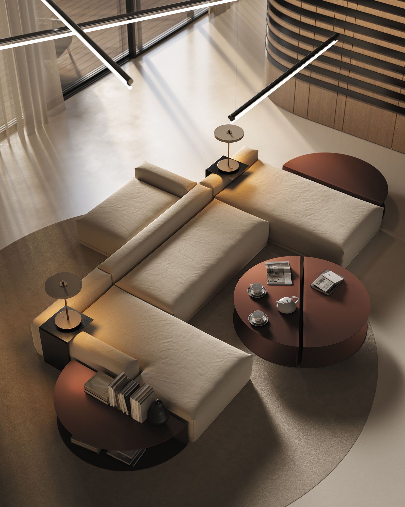Lifestyle Rendering of a Cream Upholstered Sofa and Coffee Table