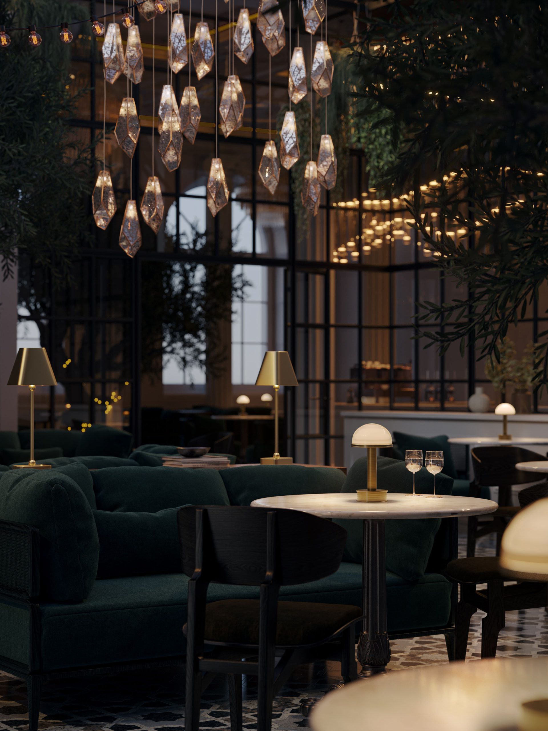 3D rendering of faceted crystal pendant lights, gold table lamps, and a mushroom desk lamp in a moody hotel lounge with emerald velvet sofas, steel-framed partitions, and lush greenery
