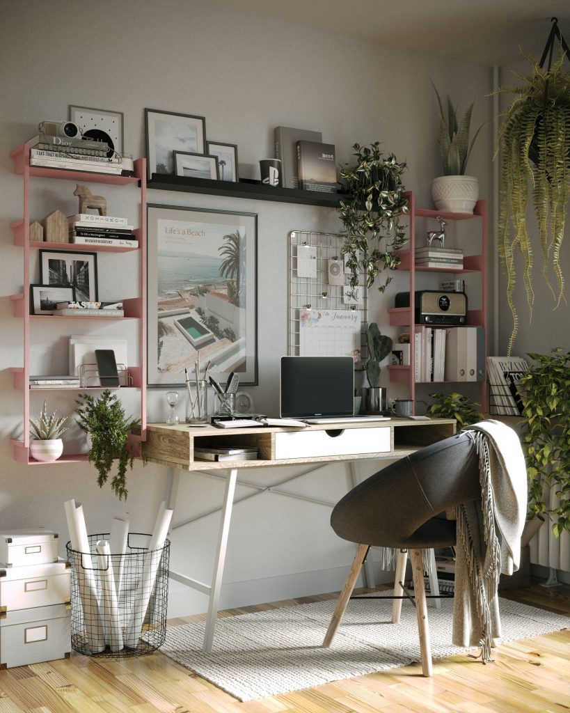 3D Interior Visualization of a Modern Workspace with Custom Furniture