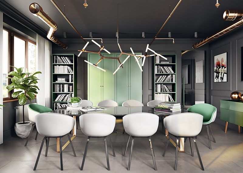 CG image of a dining area in gray-green tones.