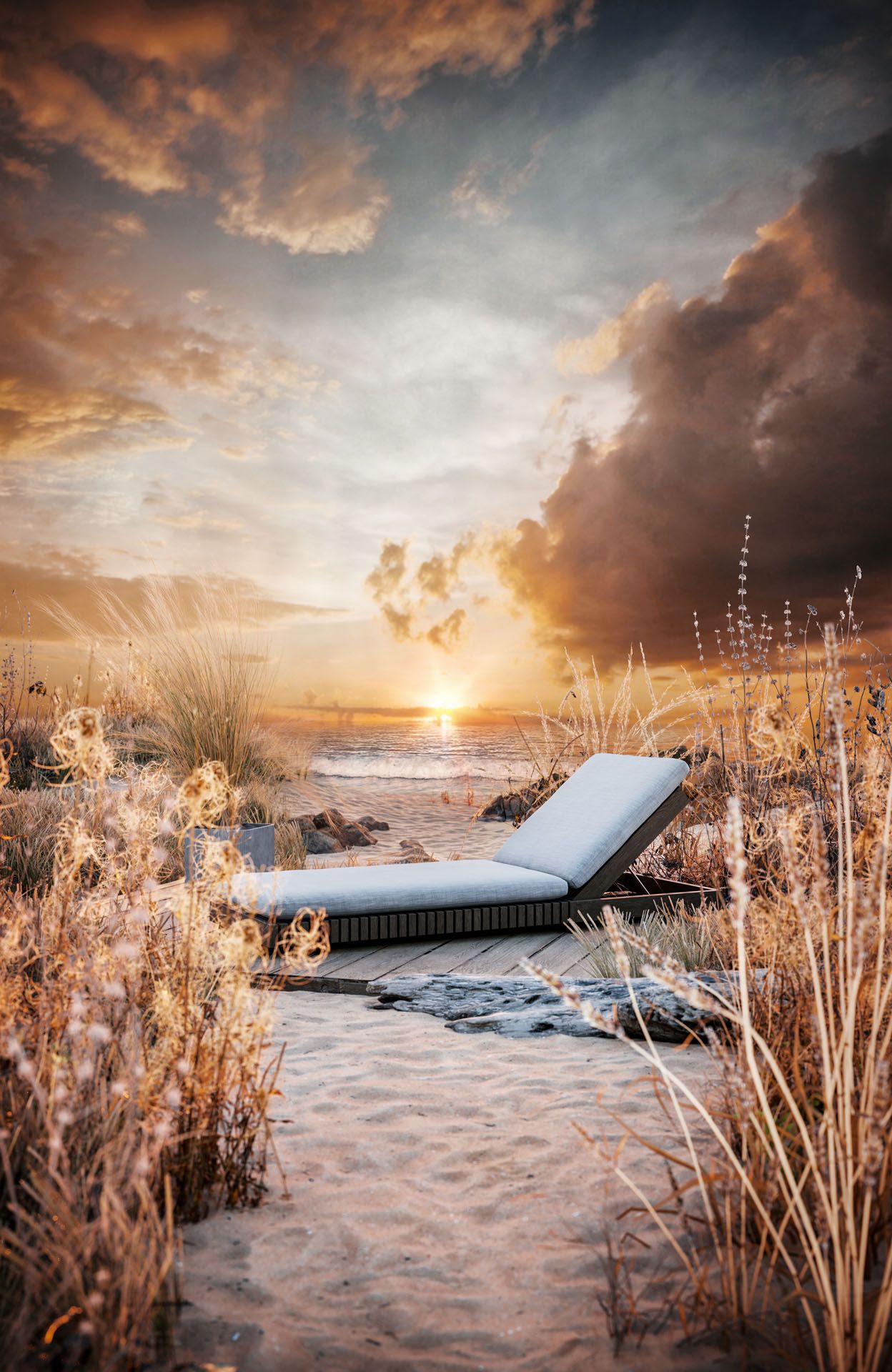 Photorealistic 3D rendering of a lounge chair on a sandy beach at sunset