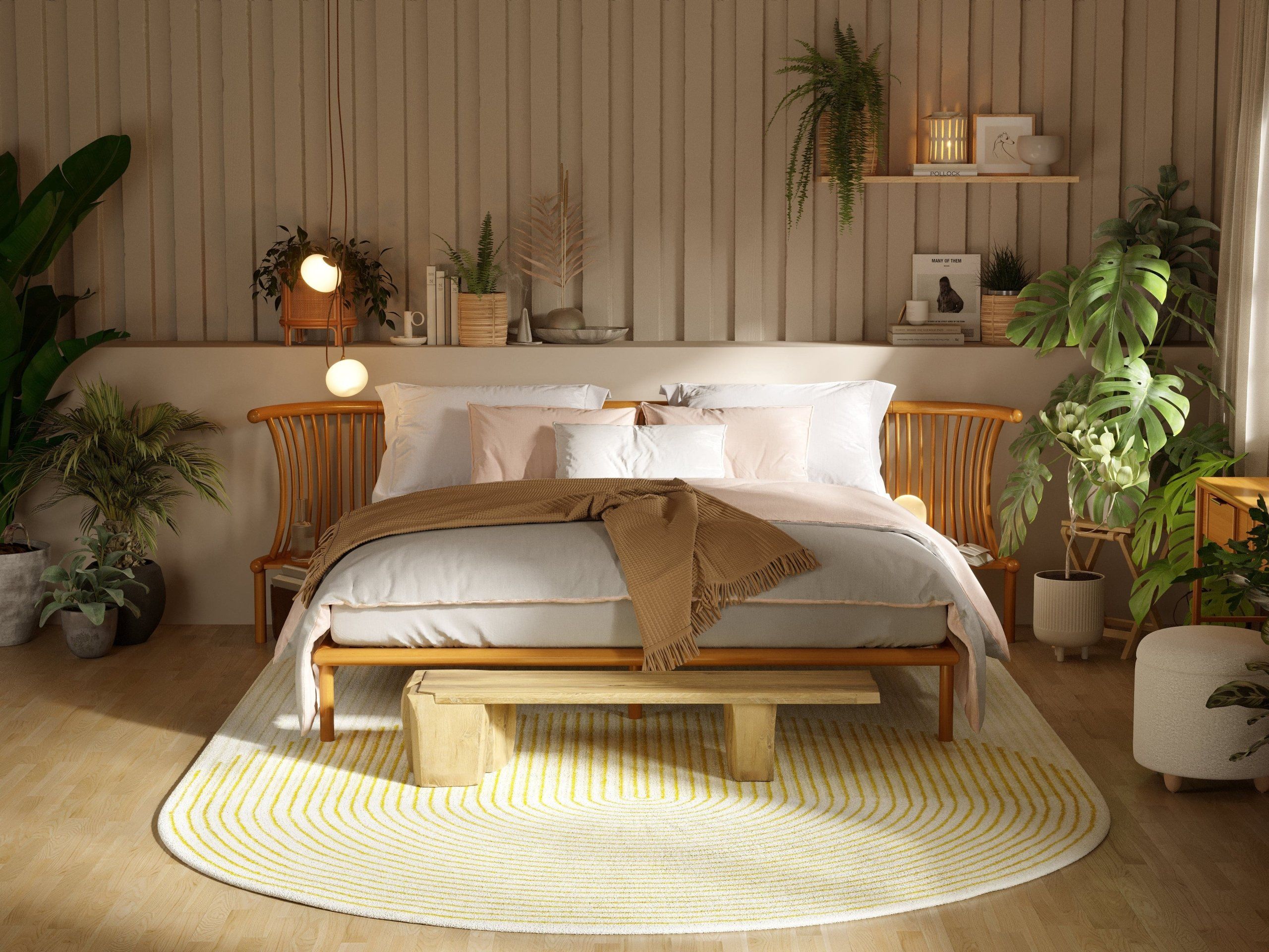 Realistic 3D interior rendering showcasing a trendy bedroom with realistic house fittings and decor, highlighting 3D house fittings modeling and visualization.