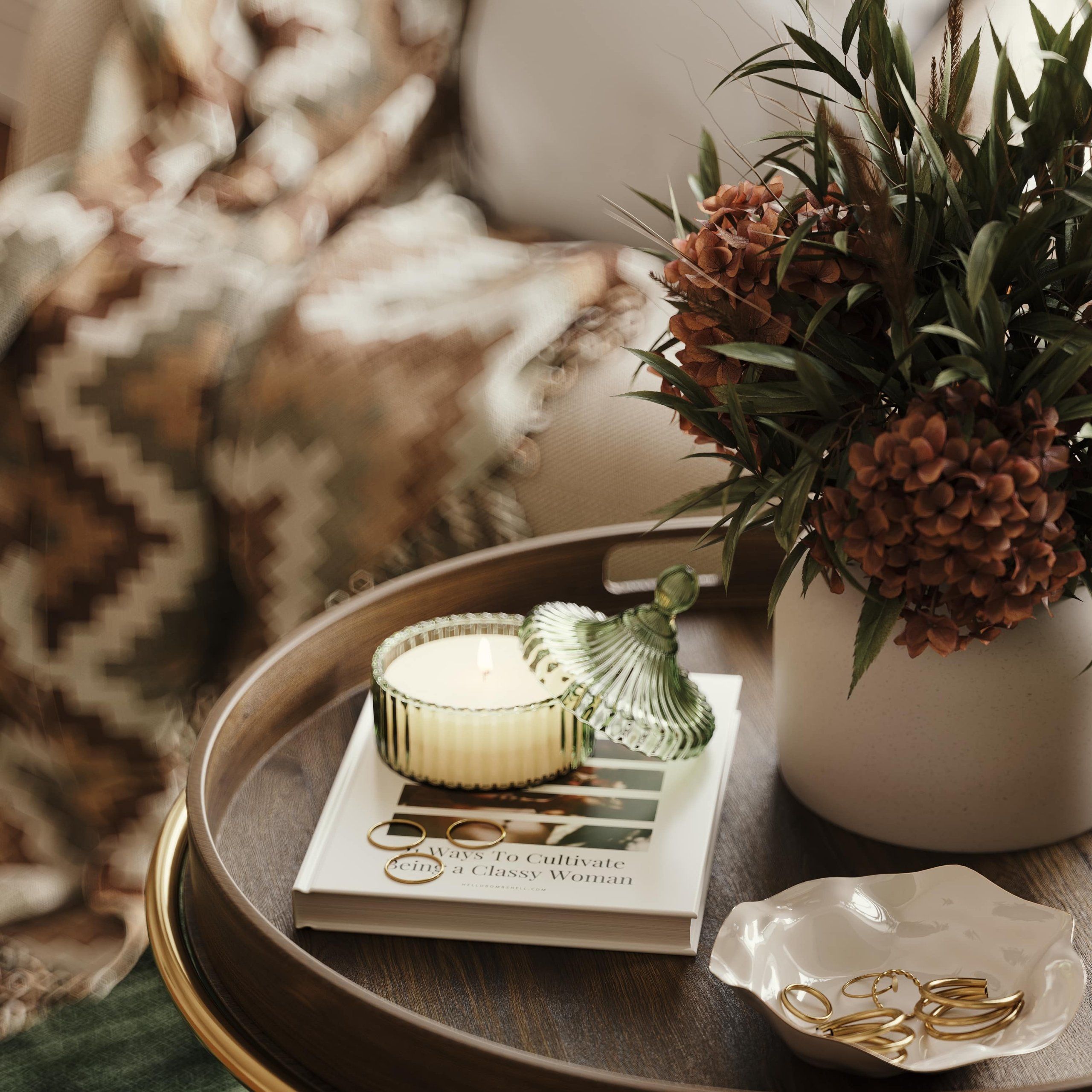 First-class 3D rendering of a living room scene featuring a wooden table with a candle, book, and plant, showcasing realistic product rendering and 3D lifestyle visualization.
