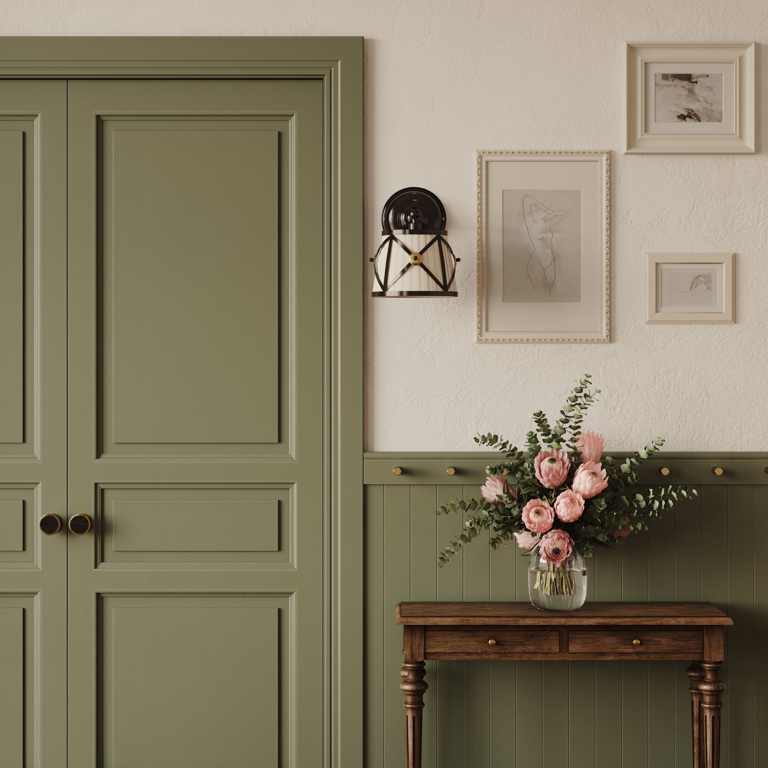 3D rendered image showcasing a classic interior with green doors, wooden table, and floral arrangement, highlighting 3D furniture modeling and rendering.