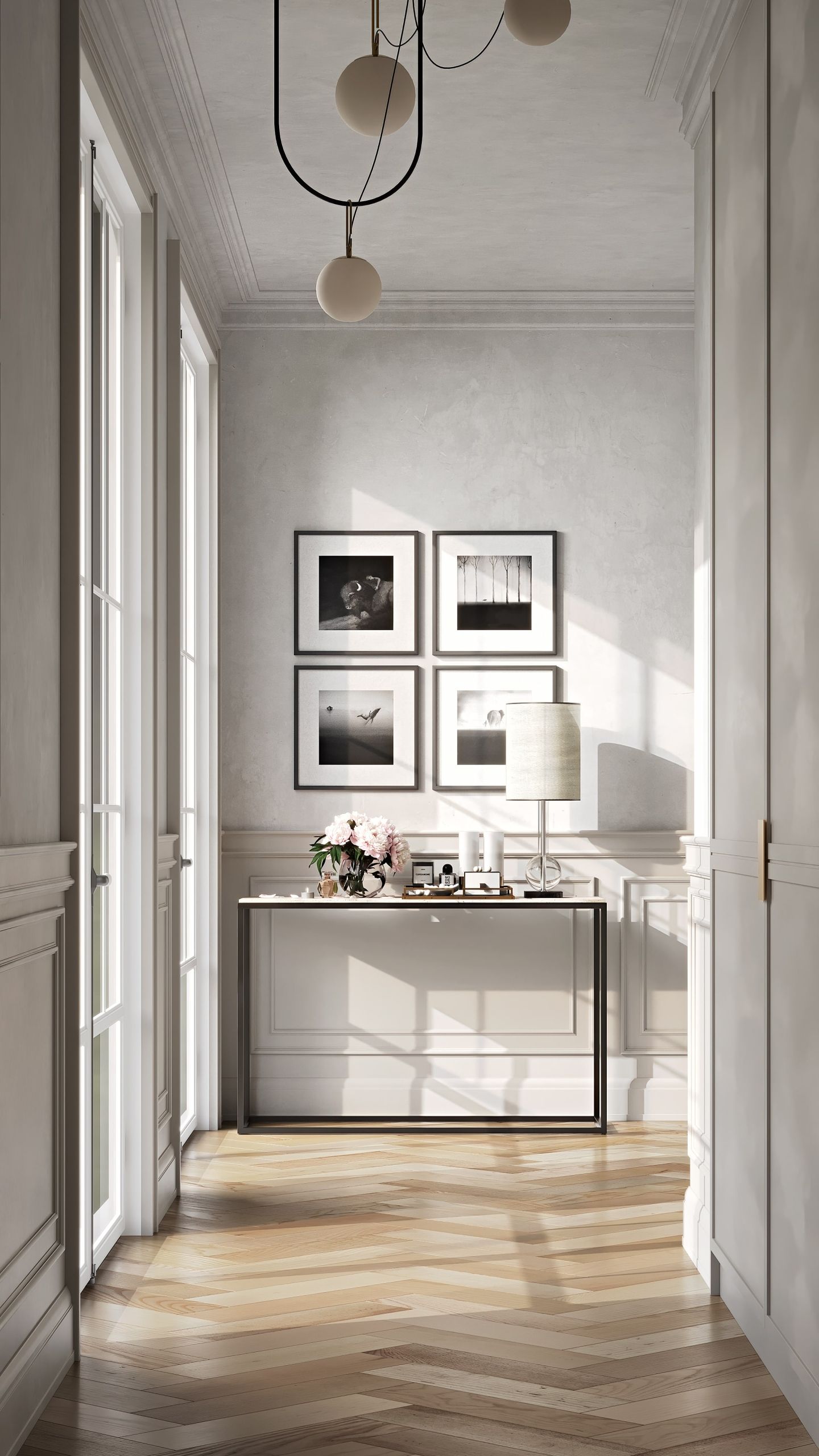 Realistic 3D rendering of a trendy hallway with house fittings, showcasing photorealistic interior visualization and custom 3D modeling.