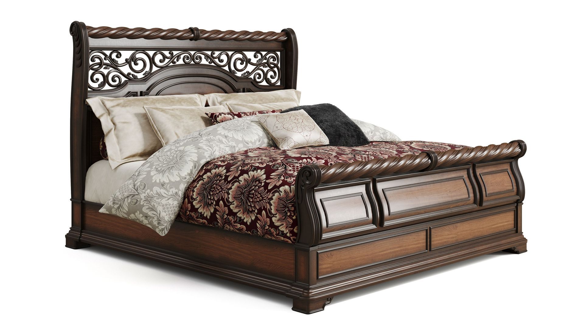 Wooden bed on white background 3D rendering