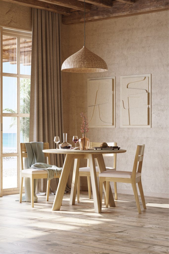 3D Interior Visualization of Dining Room with Wooden Furniture