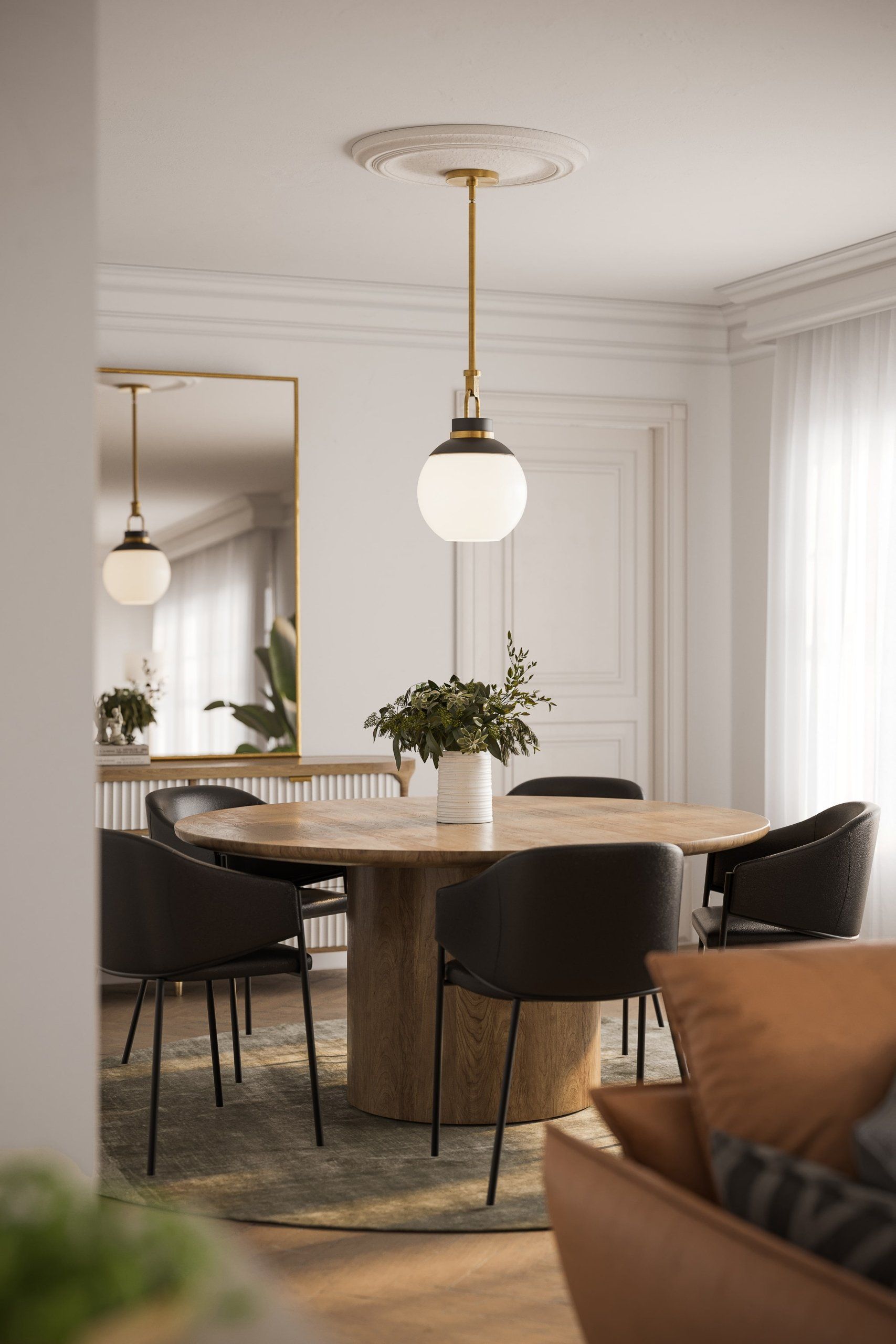 3D rendering of a stylish dining room with wooden table and chairs, showcasing 3D product modeling and visualization