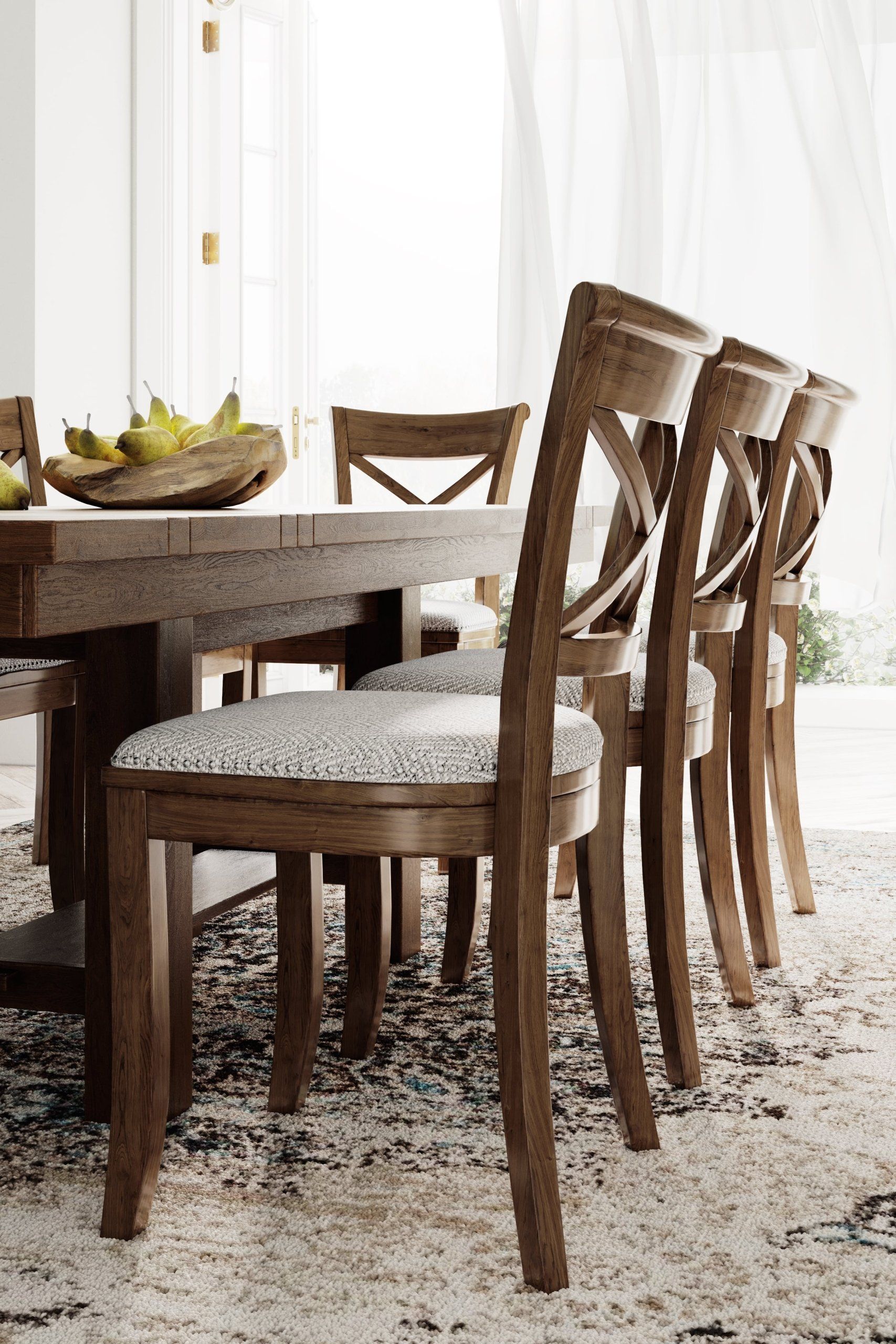Realistic 3D visualization of a wooden dining table and chairs, showcasing photorealistic house fittings rendering and 3D interior visualization.
