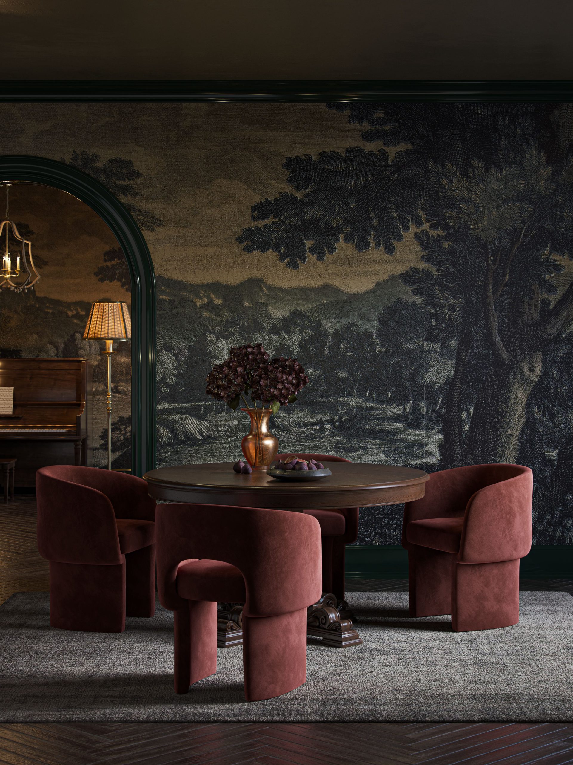3D rendering of a round pedestal dining table with burgundy velvet chairs, copper vase, and floor lamp in a dark dining room with landscape mural wallcovering and arched doorway